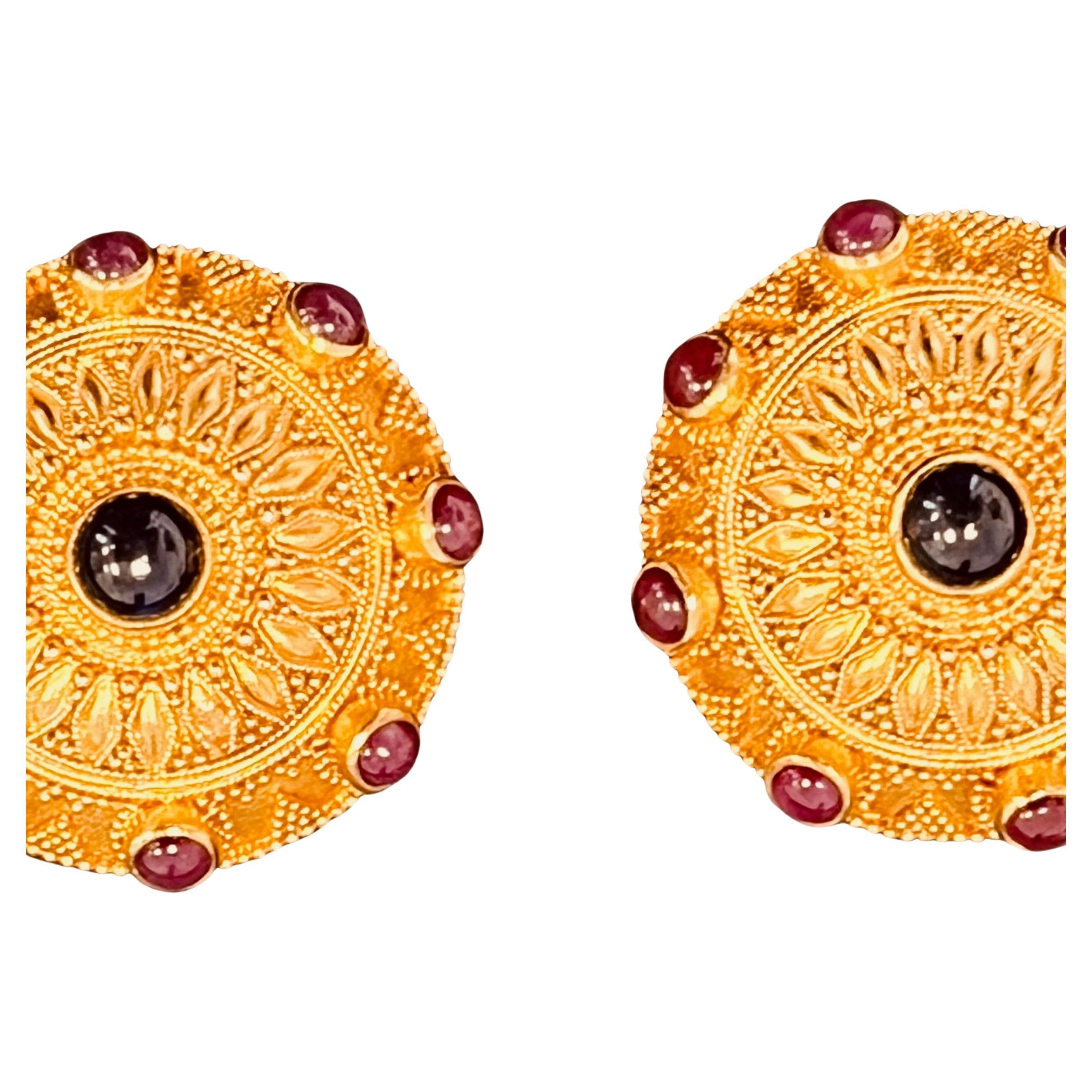 22ct Gold Byzantine Inspired Ear Clips Studded With Cabochon Sapphire and Ruby For Sale 7