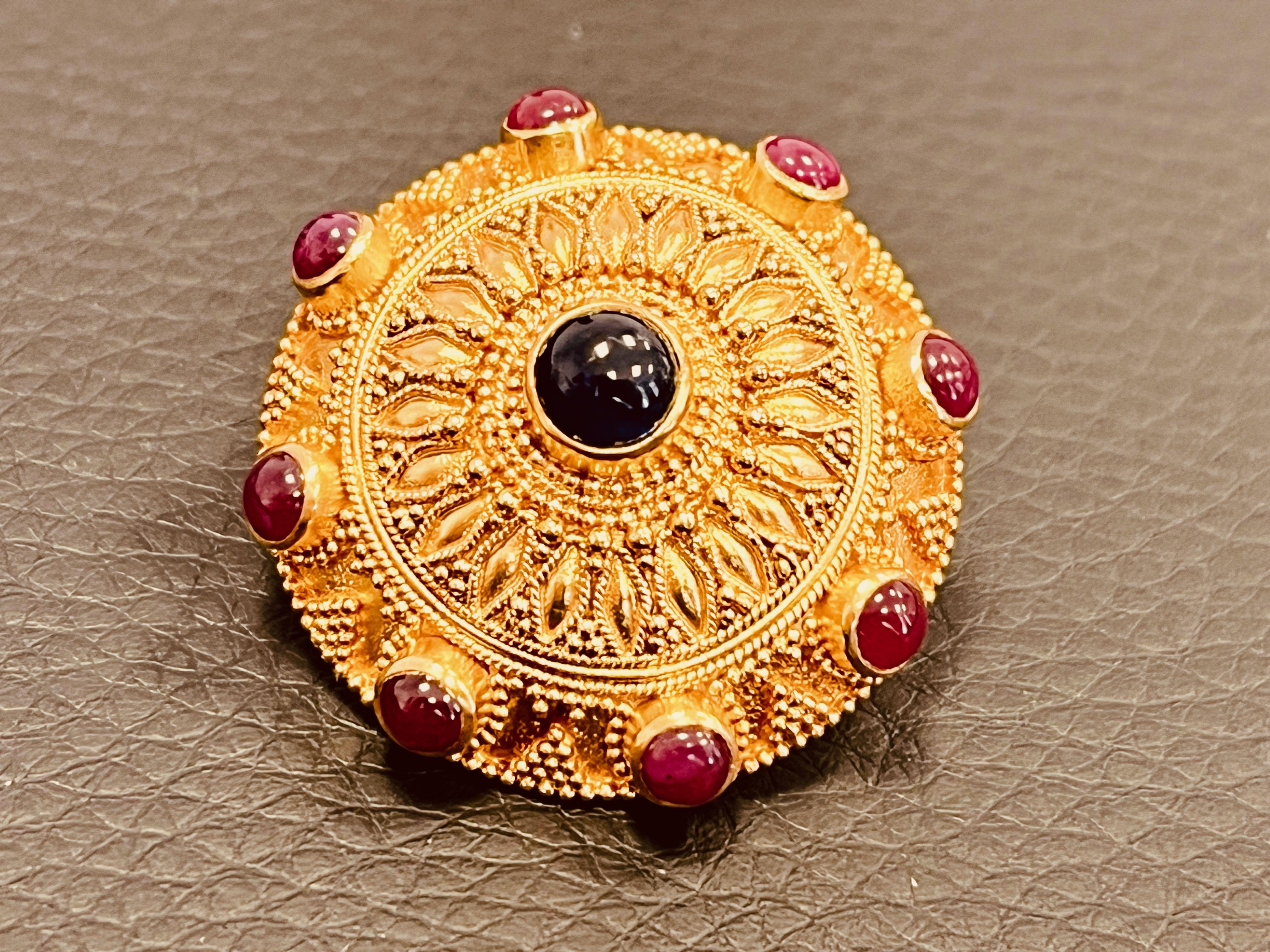 22ct Gold Byzantine Inspired Ear Clips Studded With Cabochon Sapphire and Ruby For Sale 9