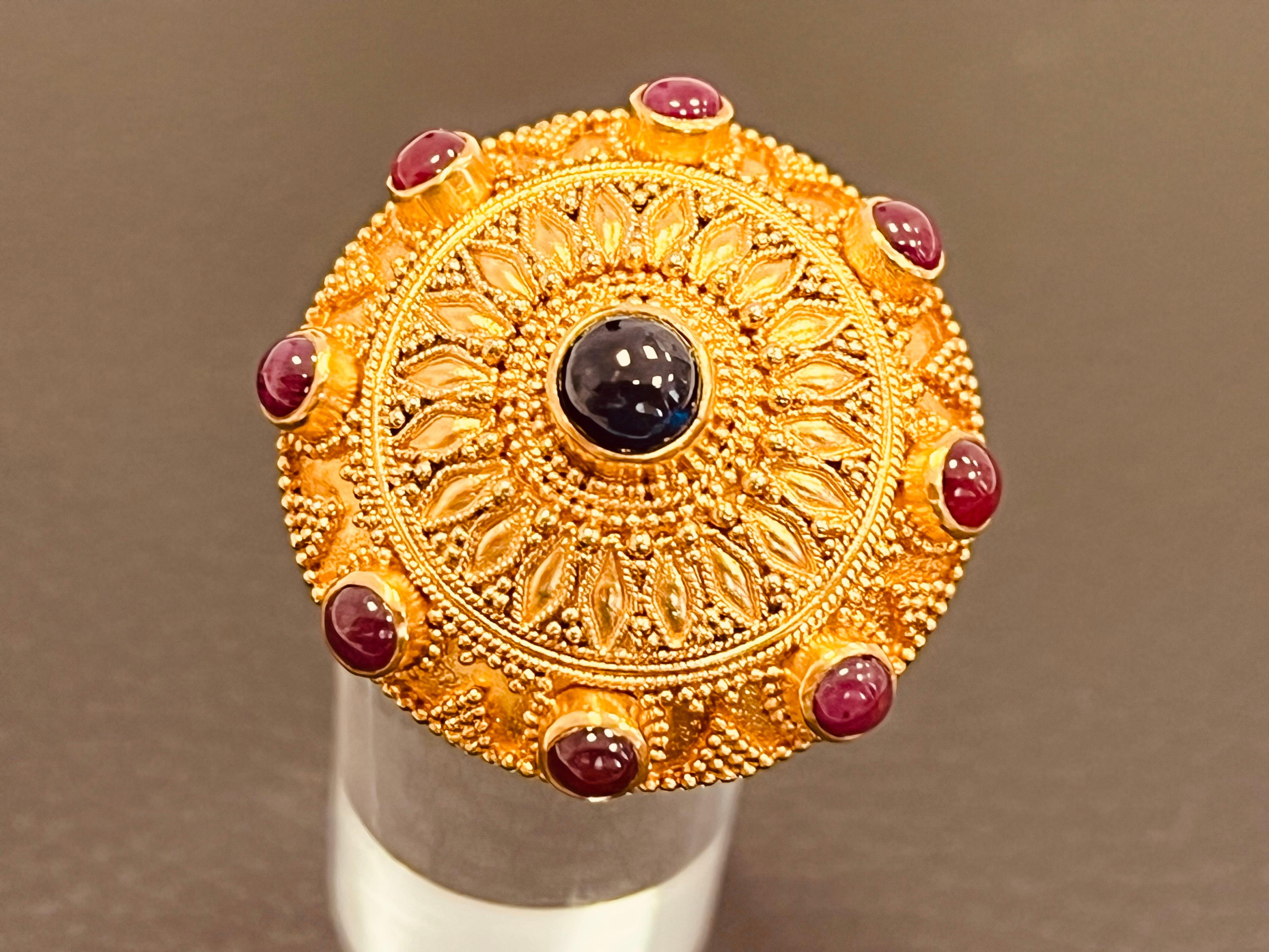 22ct Gold Byzantine Inspired Ear Clips Studded With Cabochon Sapphire and Ruby For Sale 11