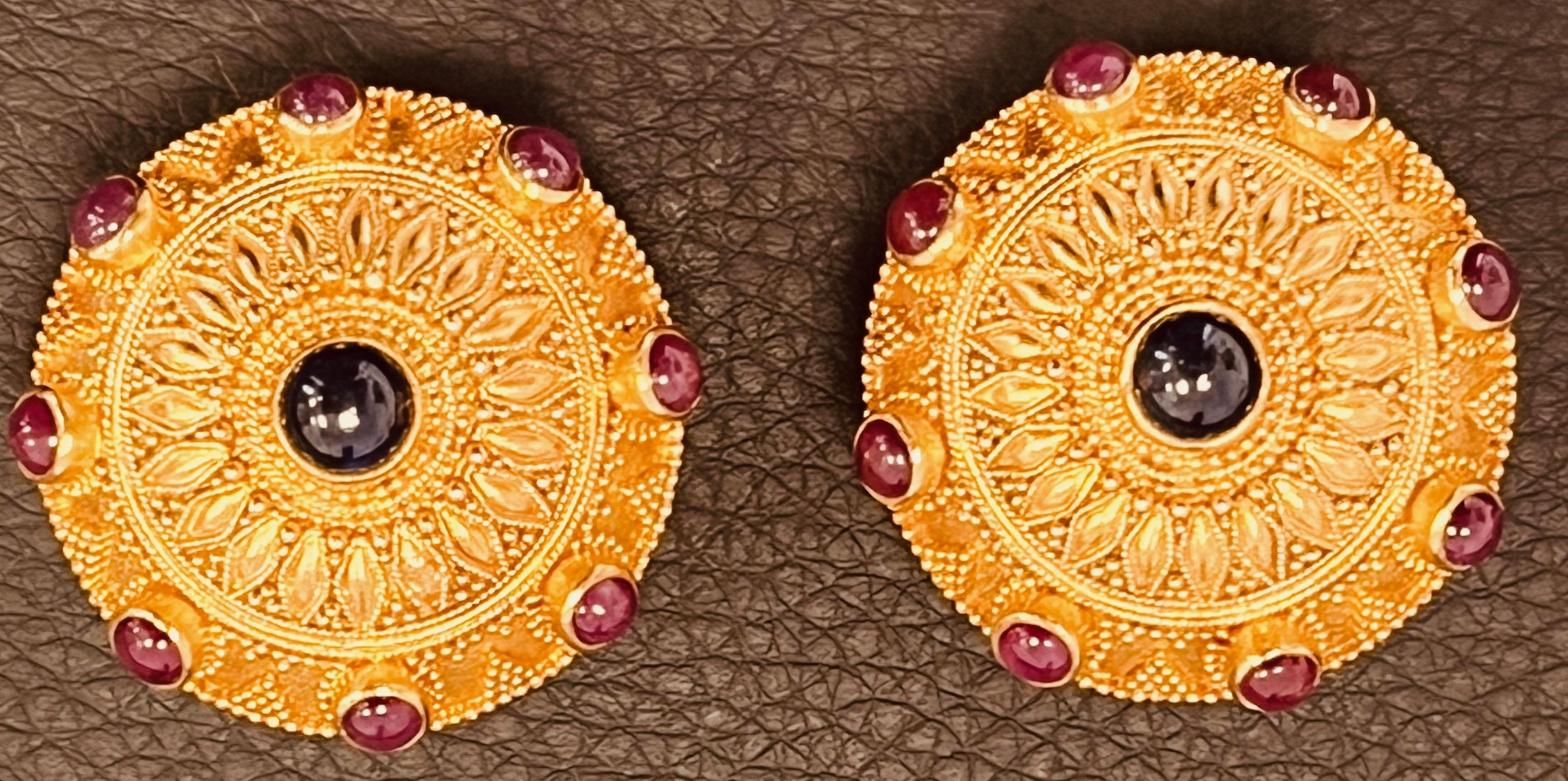 22ct Gold Byzantine Inspired Ear Clips Studded With Cabochon Sapphire and Ruby For Sale 13