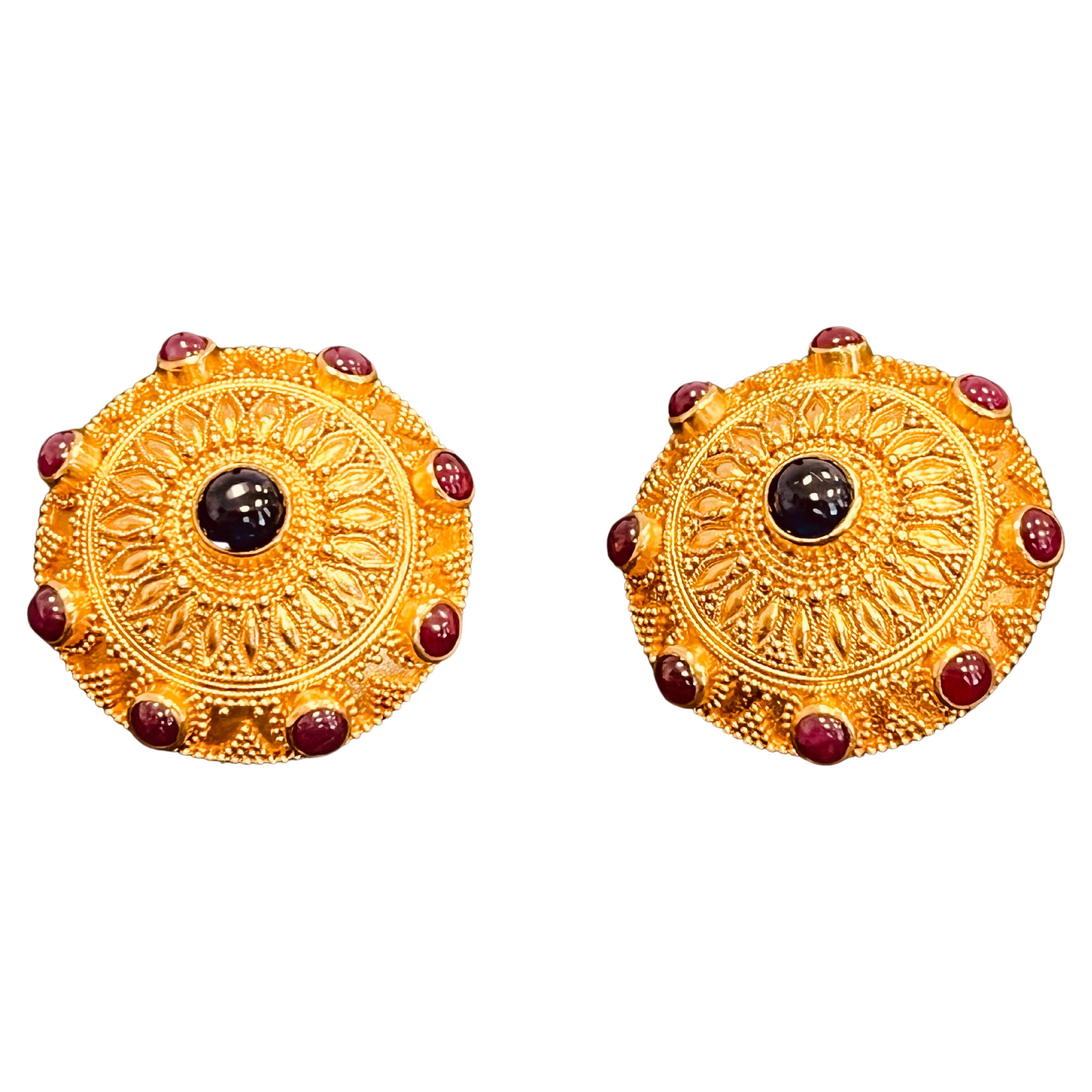 22ct Gold Byzantine Inspired Ear Clips Studded With Cabochon Sapphire and Ruby For Sale 3