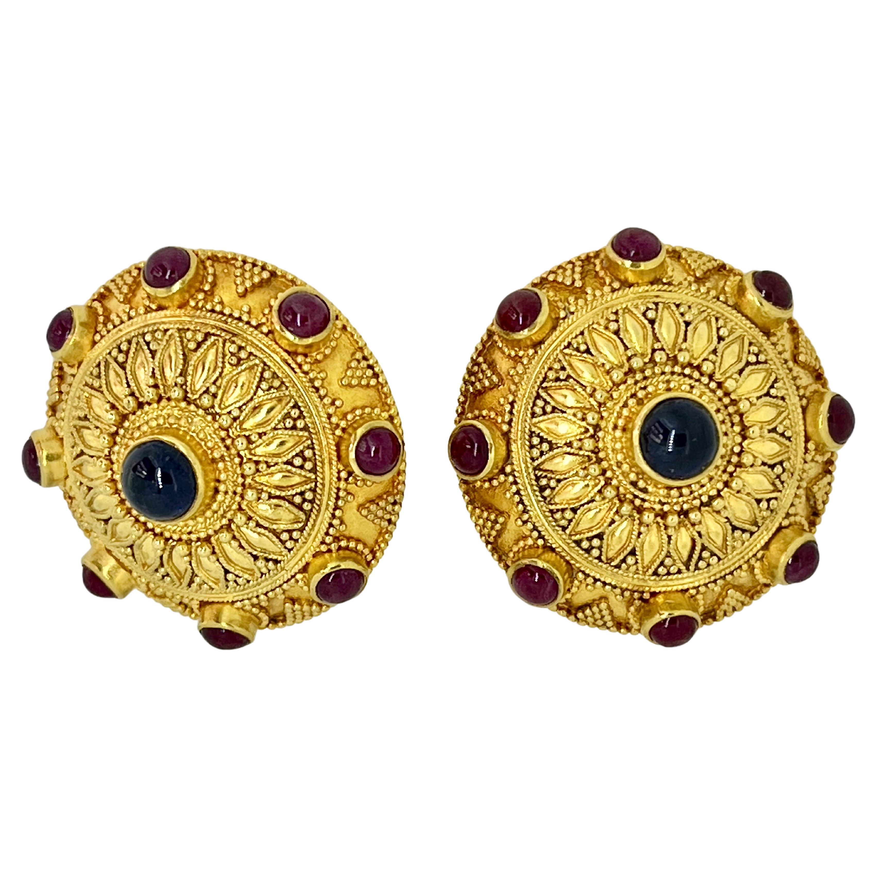 22ct Gold Byzantine Inspired Ear Clips Studded With Cabochon Sapphire and Ruby For Sale 4