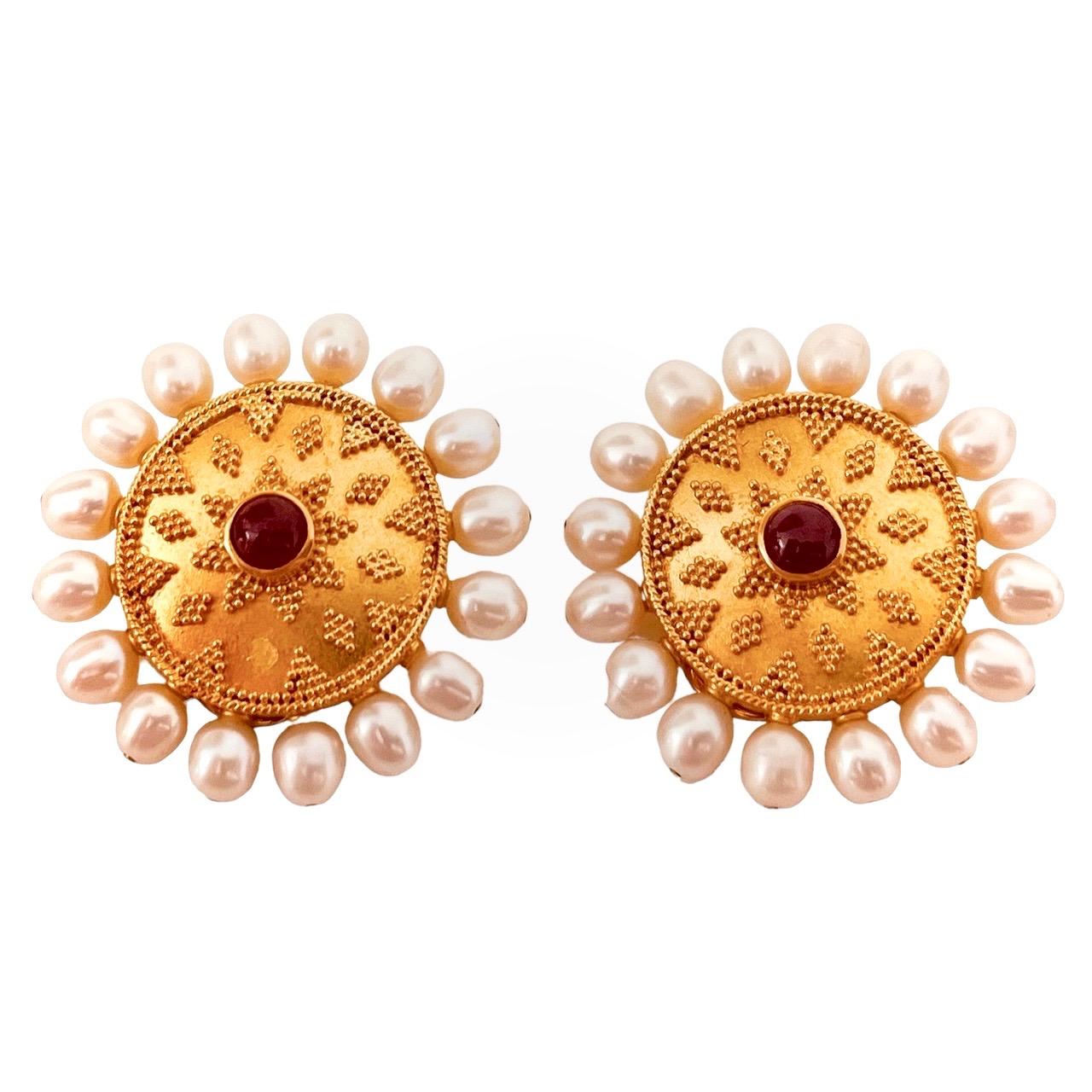 22ct Gold Granulated Disc Earrings Set With A Cabochon Ruby And Cultured Pearls For Sale 6