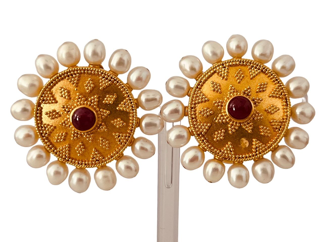 22ct Gold Granulated Disc Earrings Set With A Cabochon Ruby And Cultured Pearls For Sale 2