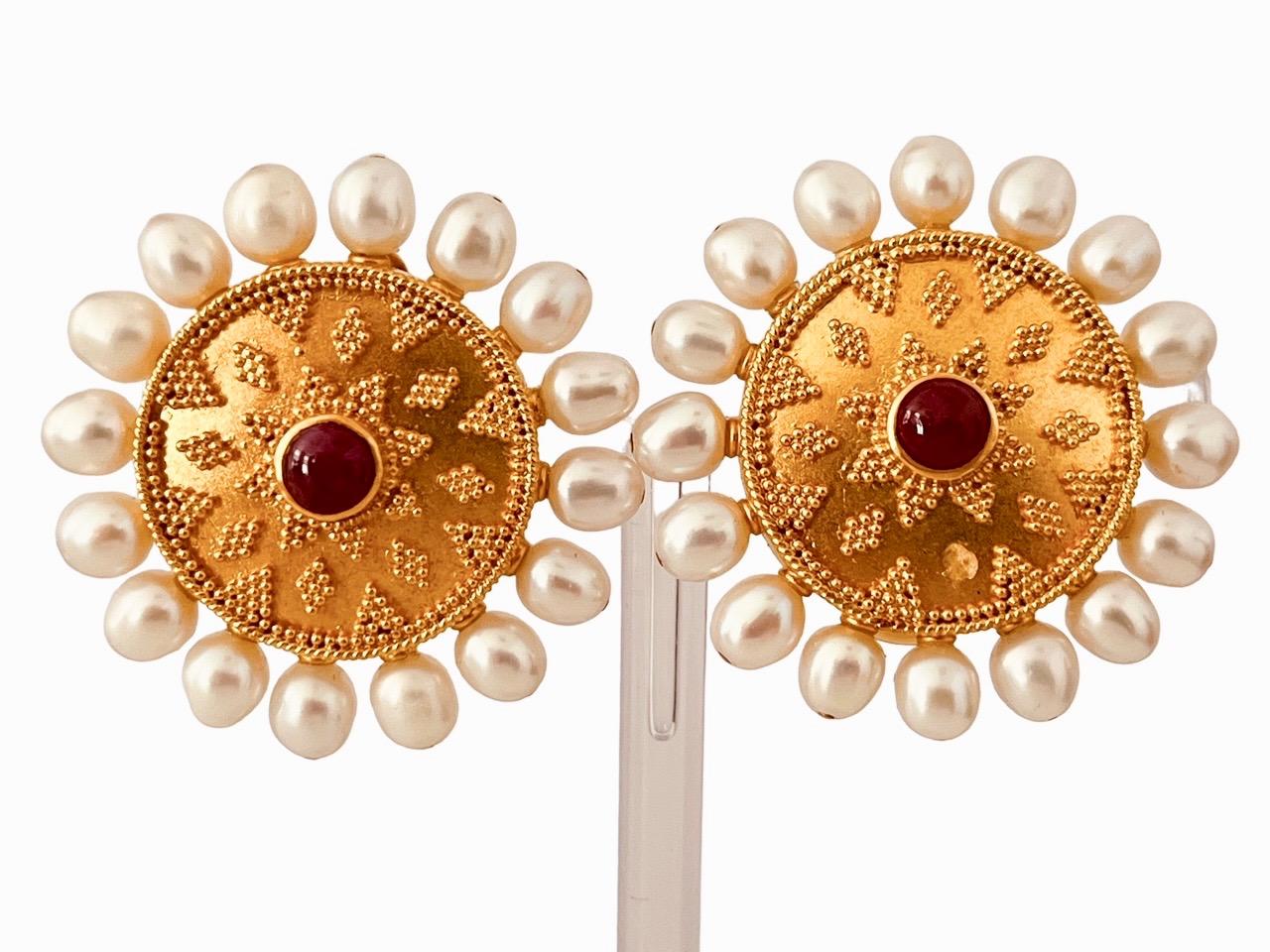 22ct Gold Granulated Disc Earrings Set With A Cabochon Ruby And Cultured Pearls For Sale 4