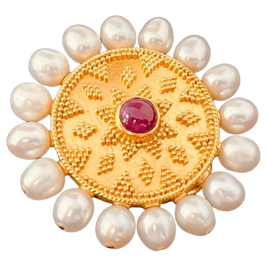 22ct Gold Granulated Disc Earrings Set With A Cabochon Ruby And Cultured Pearls For Sale