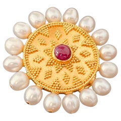 Vintage 22ct Gold Granulated Disc Earrings Set With A Cabochon Ruby And Cultured Pearls