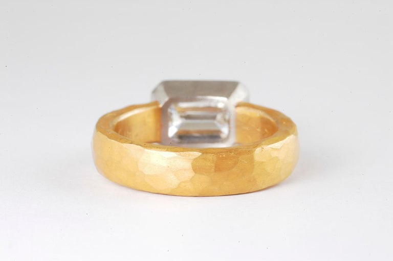 22 Carat Gold Hammered Ring with Platinum Set Emerald Cut Diamond 2.45 ...