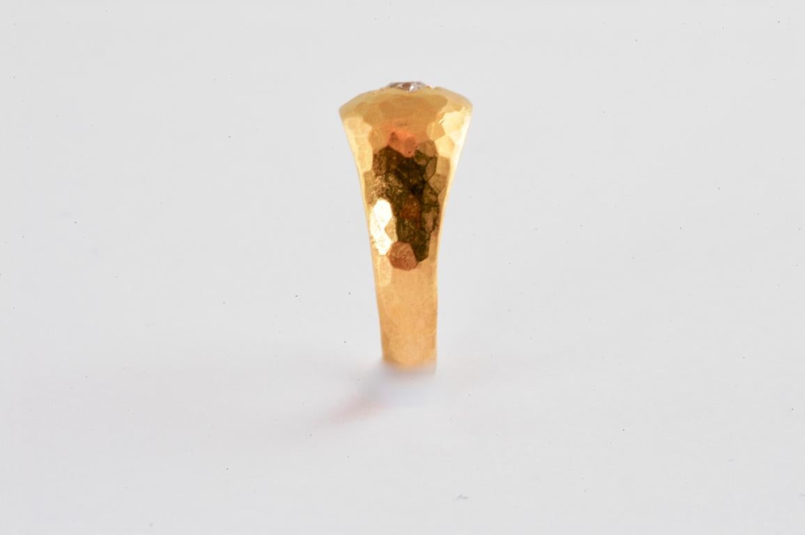22ct gold hammered signet ring with star set old cut round diamond 0.25cts hand made in Notting Hill, London by Malcolm Betts. This hammered 22ct gold ring's rounded and domed shape makes it incredibly comfortable to wear, great for the little