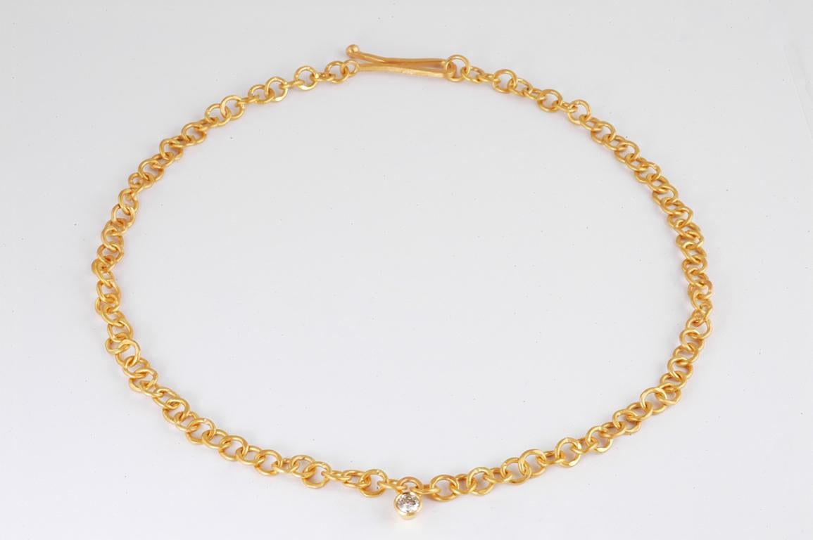Handmade 22ct gold open link chain with gold set brilliant cut diamond 0.46cts, hand made in London by renowned British jeweller Malcolm Betts. This  wearable chain is the new addition to the Malcolm Betts collection, each link is individually