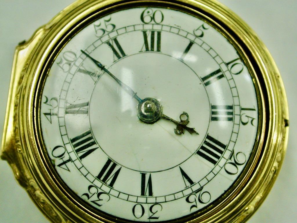 22ct Gold Pair-cased Repousse Pocket Watch,John Wyke,Watchmaker, London Assay 1753
 This watch has a verge escapement, with engraved and pierced balance cock.
The embossing of the outside case is in immaculate condition and the movement is in