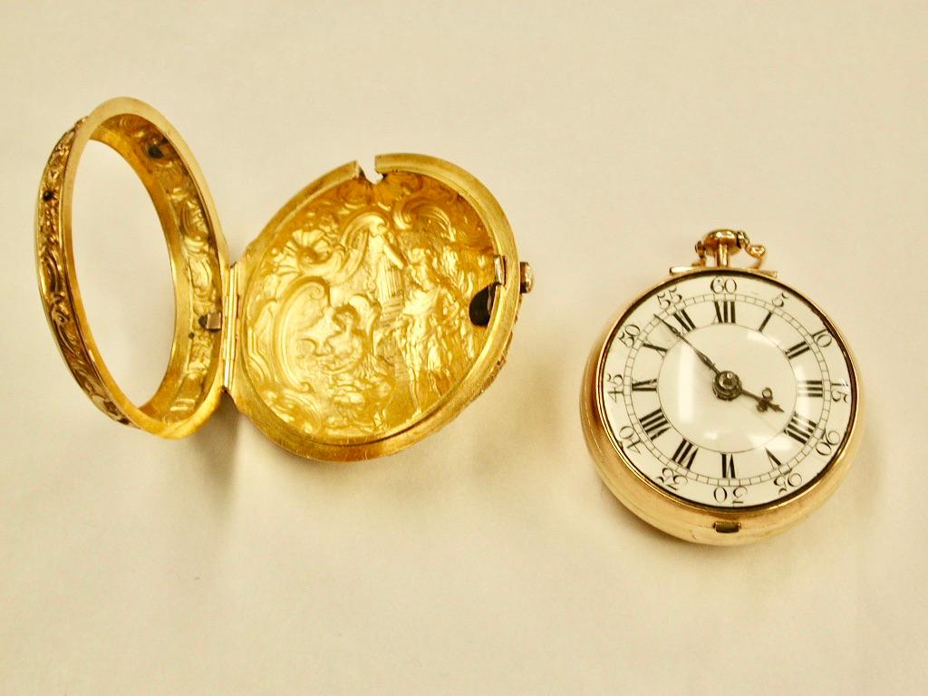 22ct Gold Pair-Cased Repousse Pocket Watch, John Wyke, Watchmaker, 1753 In Good Condition In London, GB