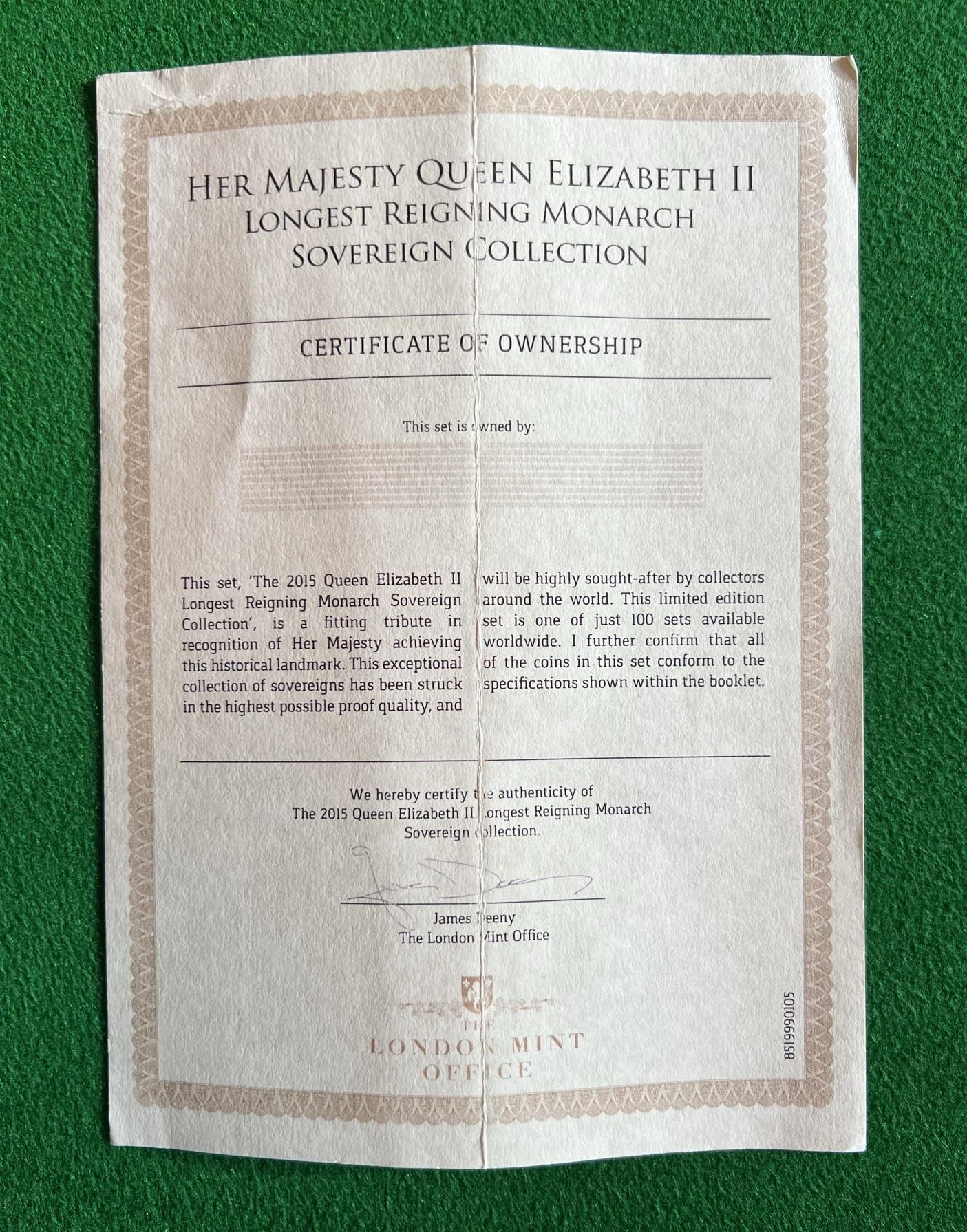 22ct Gold Queen Elizabeth ii 2015 Longest Reigning Monarch 3 Piece Sovereign Set For Sale 6