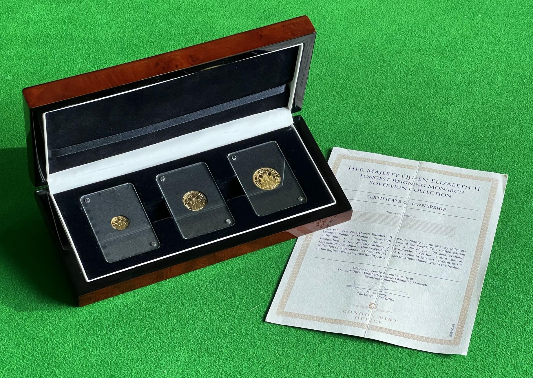 We are delighted to offer for sale this new in the box with original presentation cases, Limited Edition of 100 suite of three 22ct solid gold sovereigns titled “HER MAJESTY QUEEN ELIZABETH II LONGEST REIGNING MONARCH SOVEREIGN COLLECTION”

This