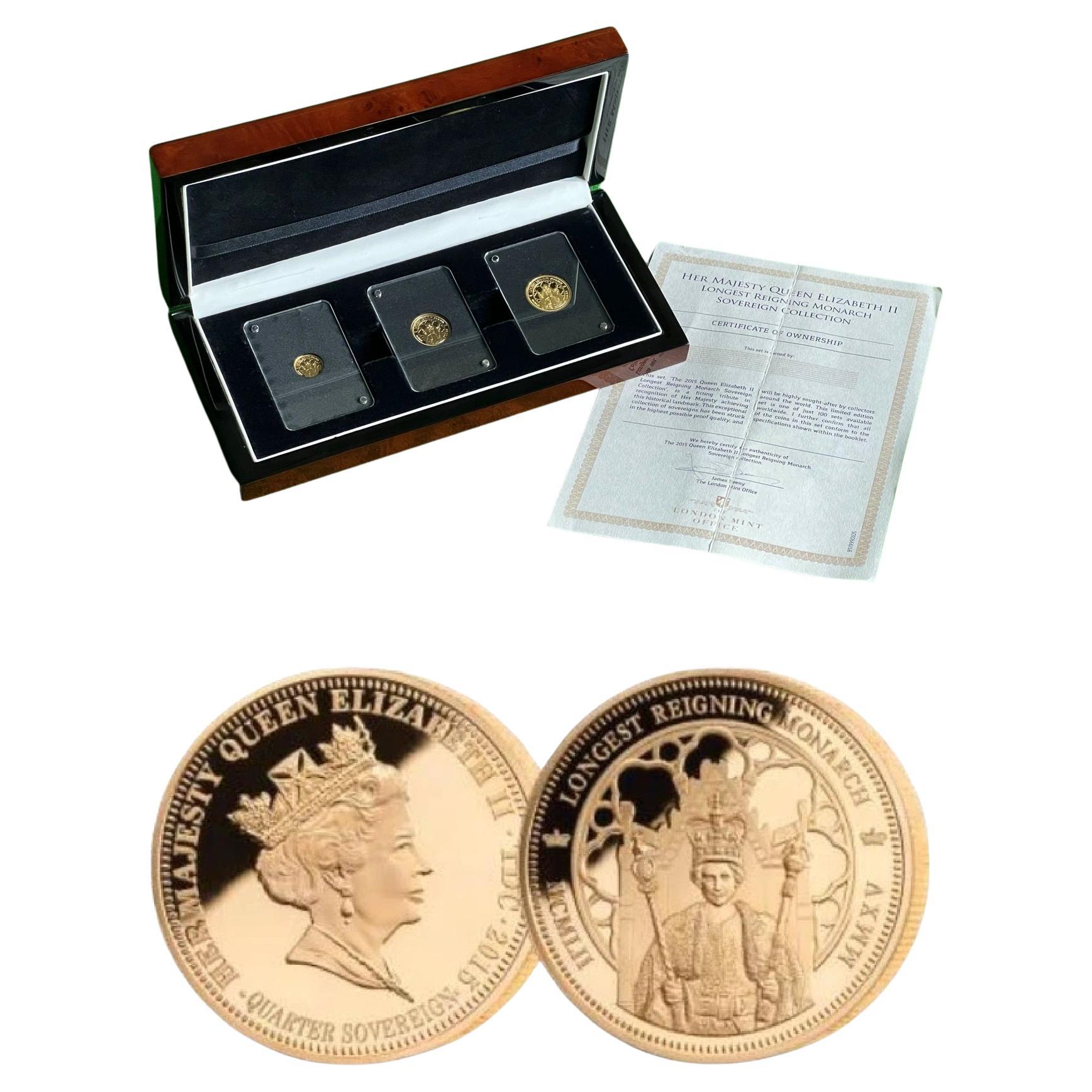 22ct Gold Queen Elizabeth ii 2015 Longest Reigning Monarch 3 Piece Sovereign Set For Sale