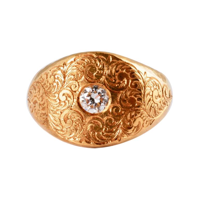 22ct Gold Signet Ring with Hand Engraved Detail and Brilliant Cut Diamond 0.25ct For Sale