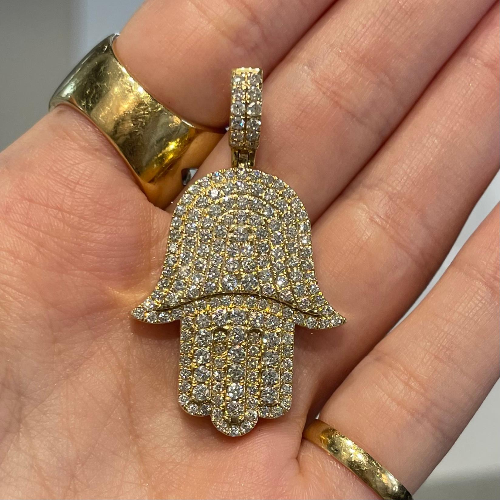 2.2 Carat Hamsa Diamond Pendant in 14k Yellow Gold For Sale 2
