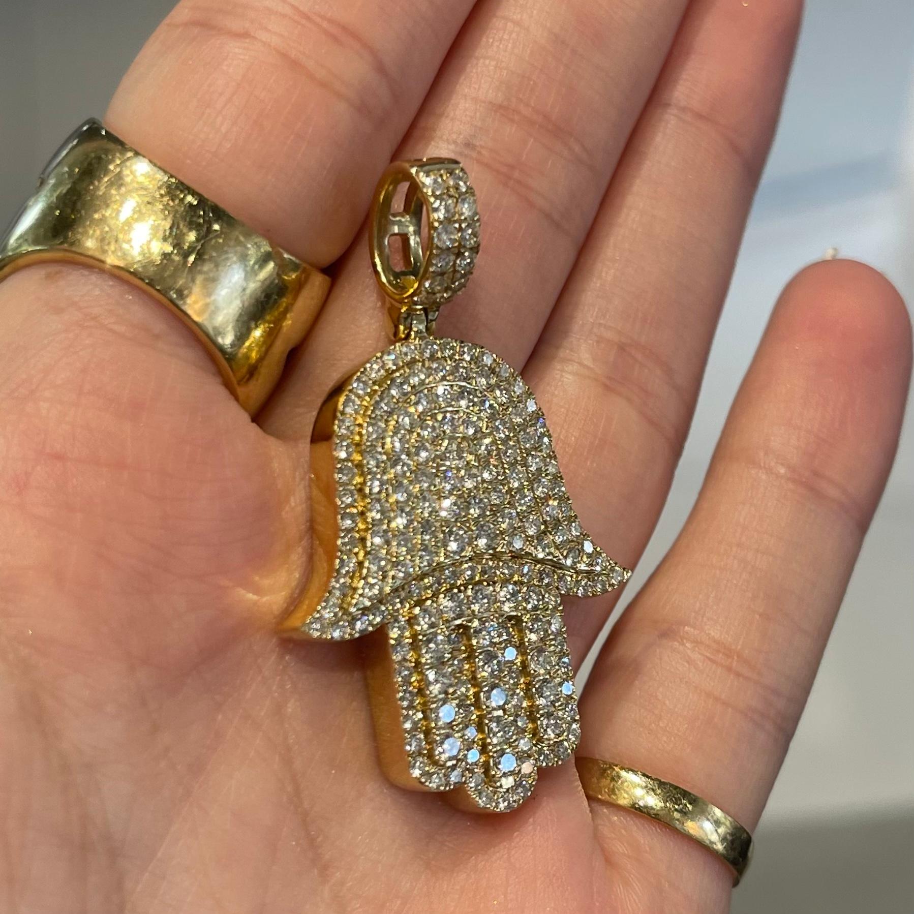 2.2 Carat Hamsa Diamond Pendant in 14k Yellow Gold For Sale 3