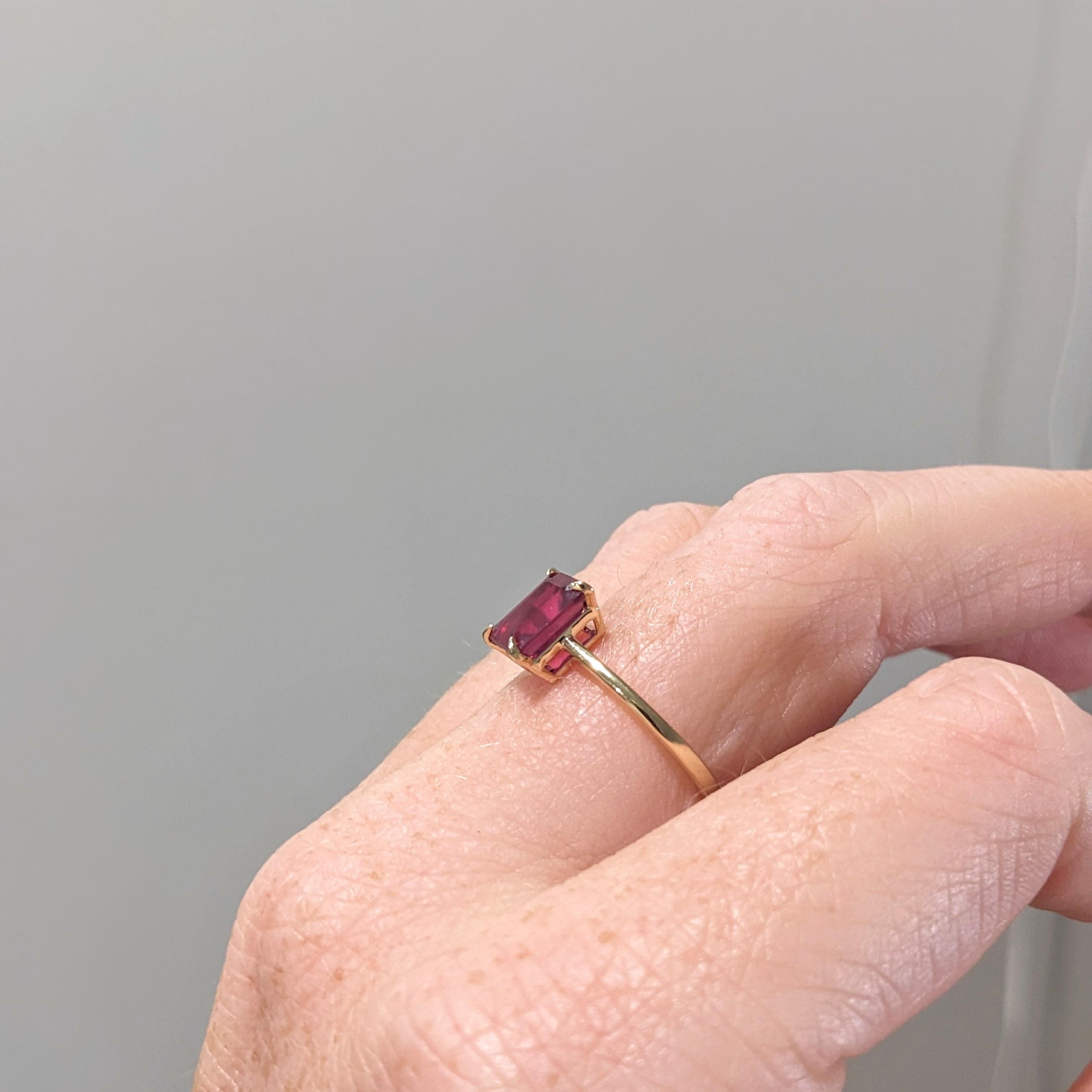 Modern 2.2ct Madagascar Ruby Solitaire Ring in Solid 14K Gold  Emerald Cut 7x5mm For Sale