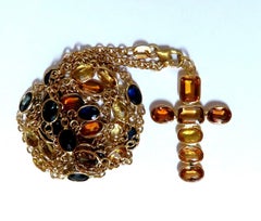 22ct Multicolor Natural Sapphire Rosary Necklace Cross & Yard 14kt*