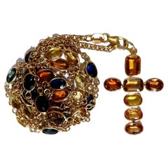 22ct Multicolor Natural Sapphire Rosary Necklace Cross & Yard 14kt*