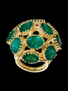 22Ct Natural Emerald, 12 Oval Stone Dome Shape Cocktail Ring 14 Kt Yellow Gold