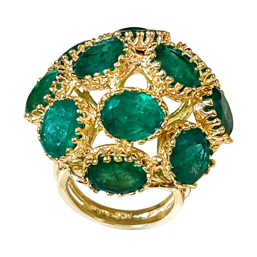 22Ct Natural Emerald, 12 Oval Stone Dome Shape Cocktail Ring 14 Kt Yellow Gold For Sale