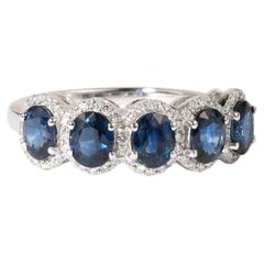 2.2ct Natural Oval Blue Sapphire & Diamond Five-Stone Halo Ring in 18K WhiteGold