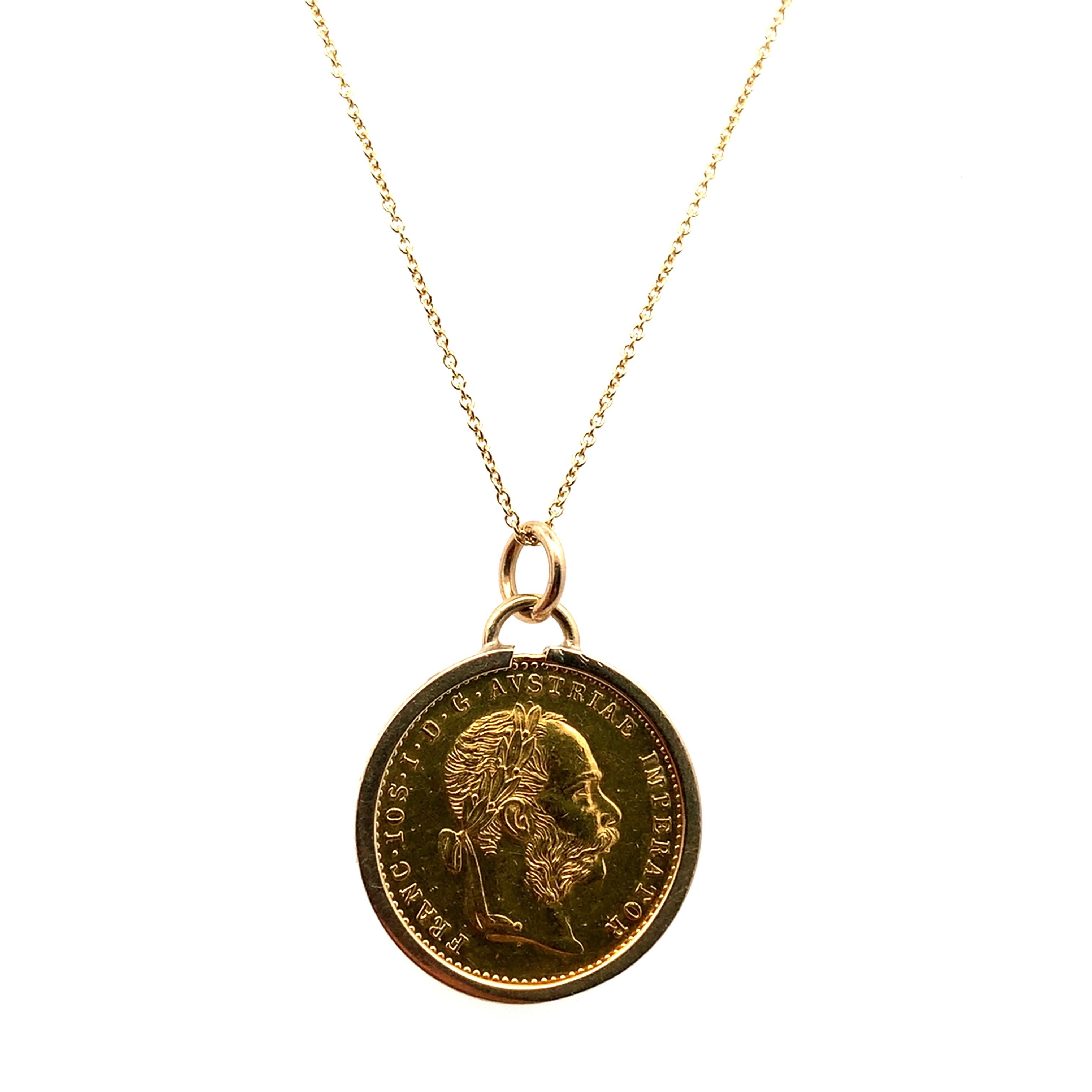 Women's or Men's 22ct Yellow gold chunky coin pendant Franc Ios Austria Ducat collection For Sale