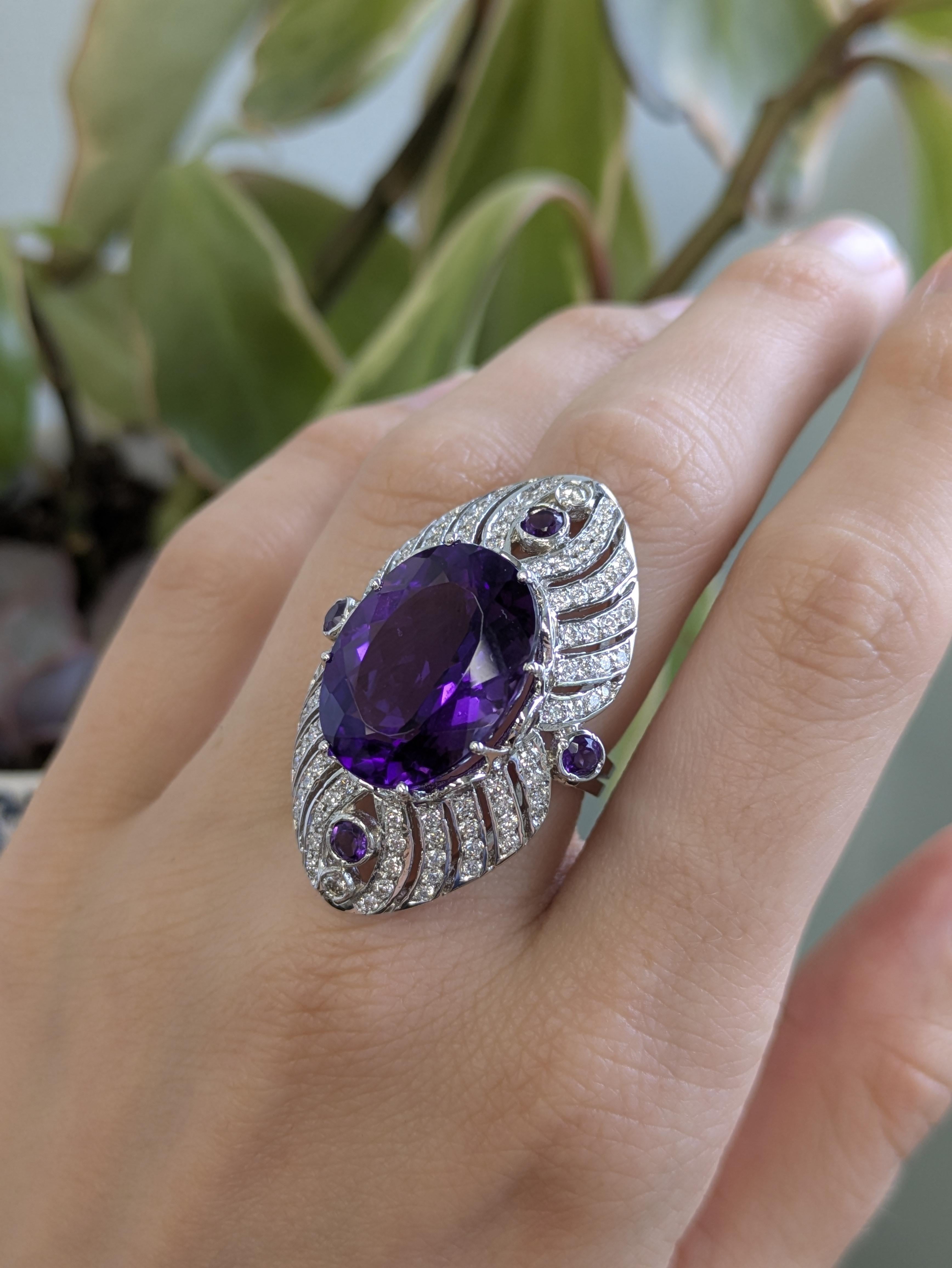 Art Deco 22cts Zambian Amethyst Ring with Earth Mined Diamond Accents in 14K Solid Gold For Sale