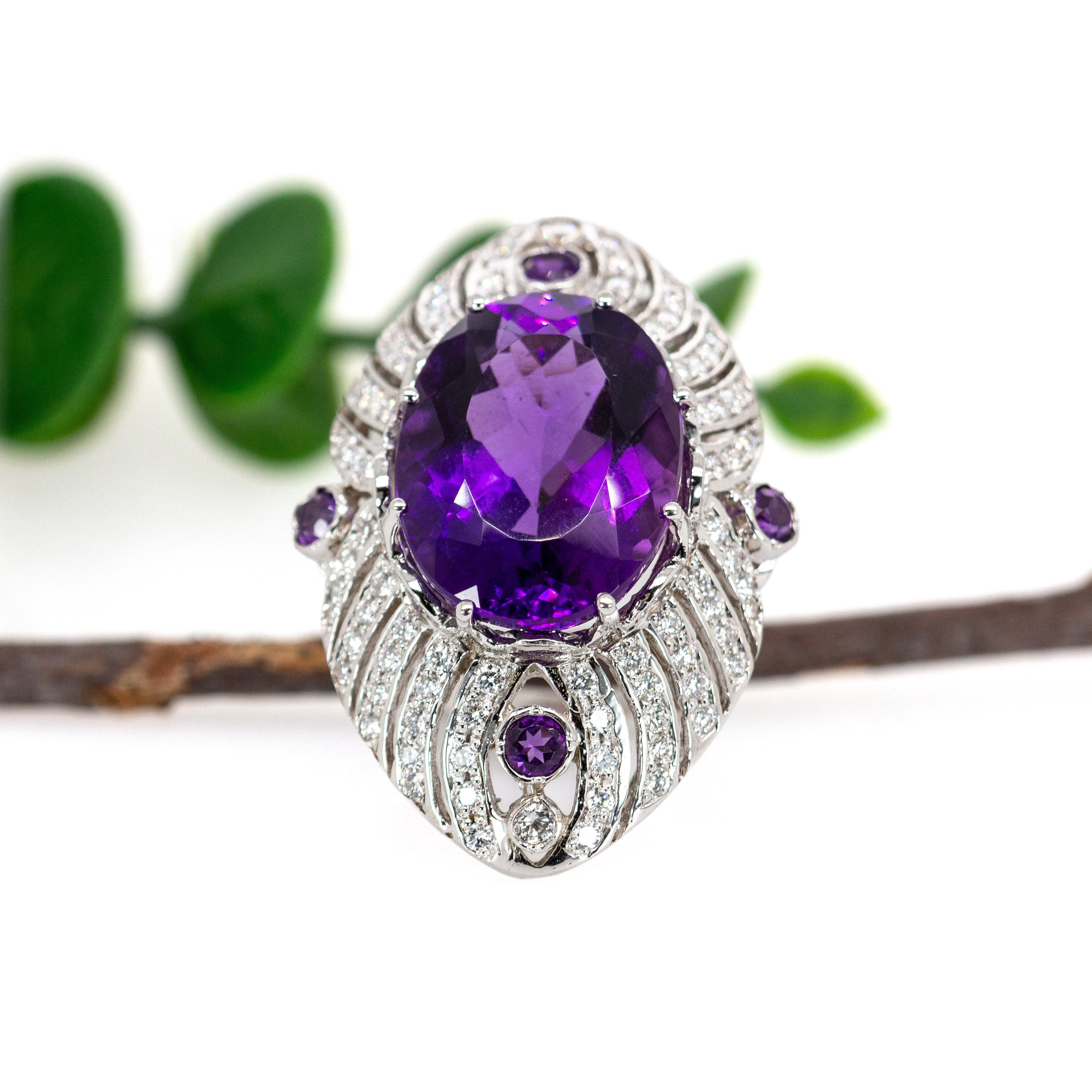Oval Cut 22cts Zambian Amethyst Ring with Earth Mined Diamond Accents in 14K Solid Gold For Sale