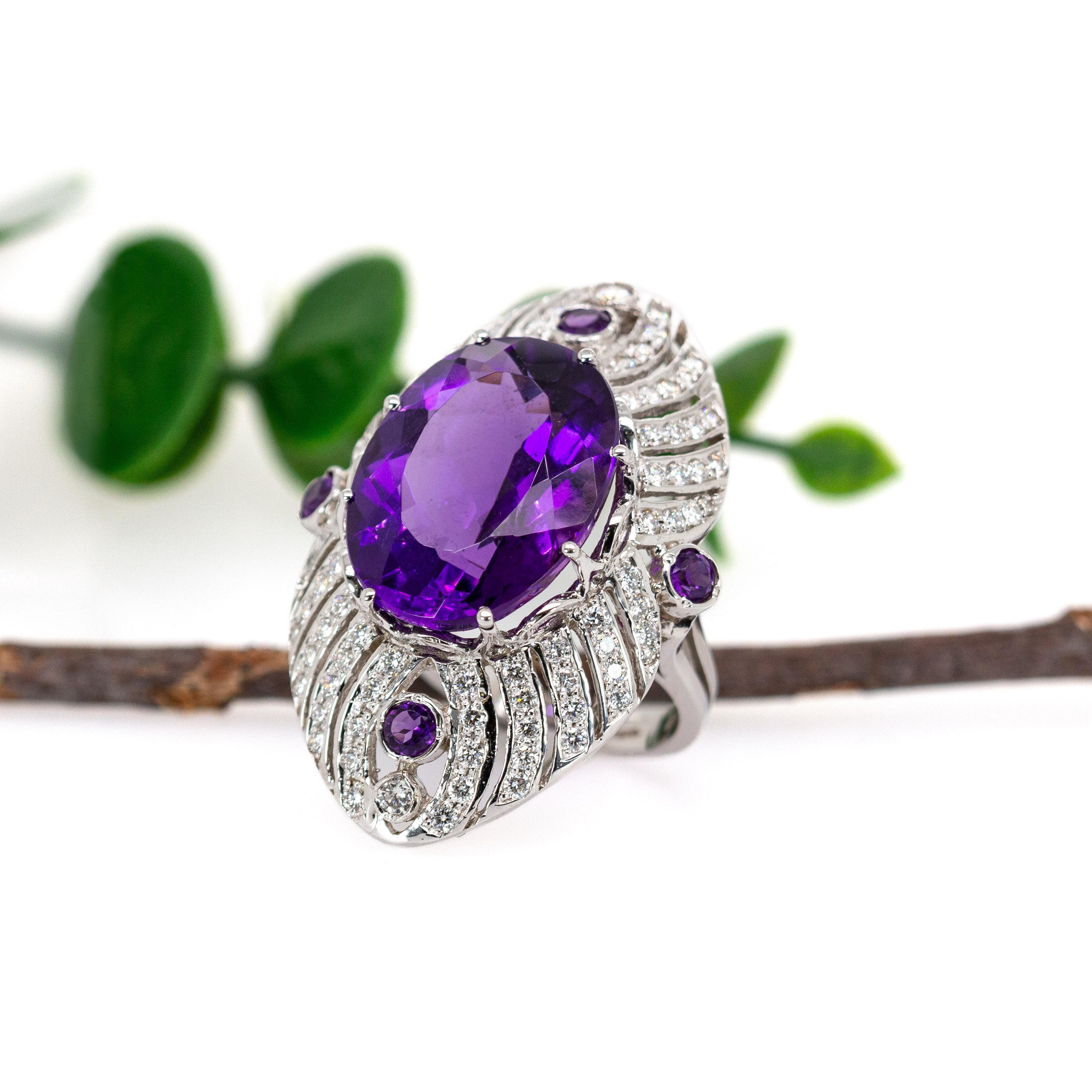 22cts Zambian Amethyst Ring with Earth Mined Diamond Accents in 14K Solid Gold In New Condition For Sale In Columbus, OH
