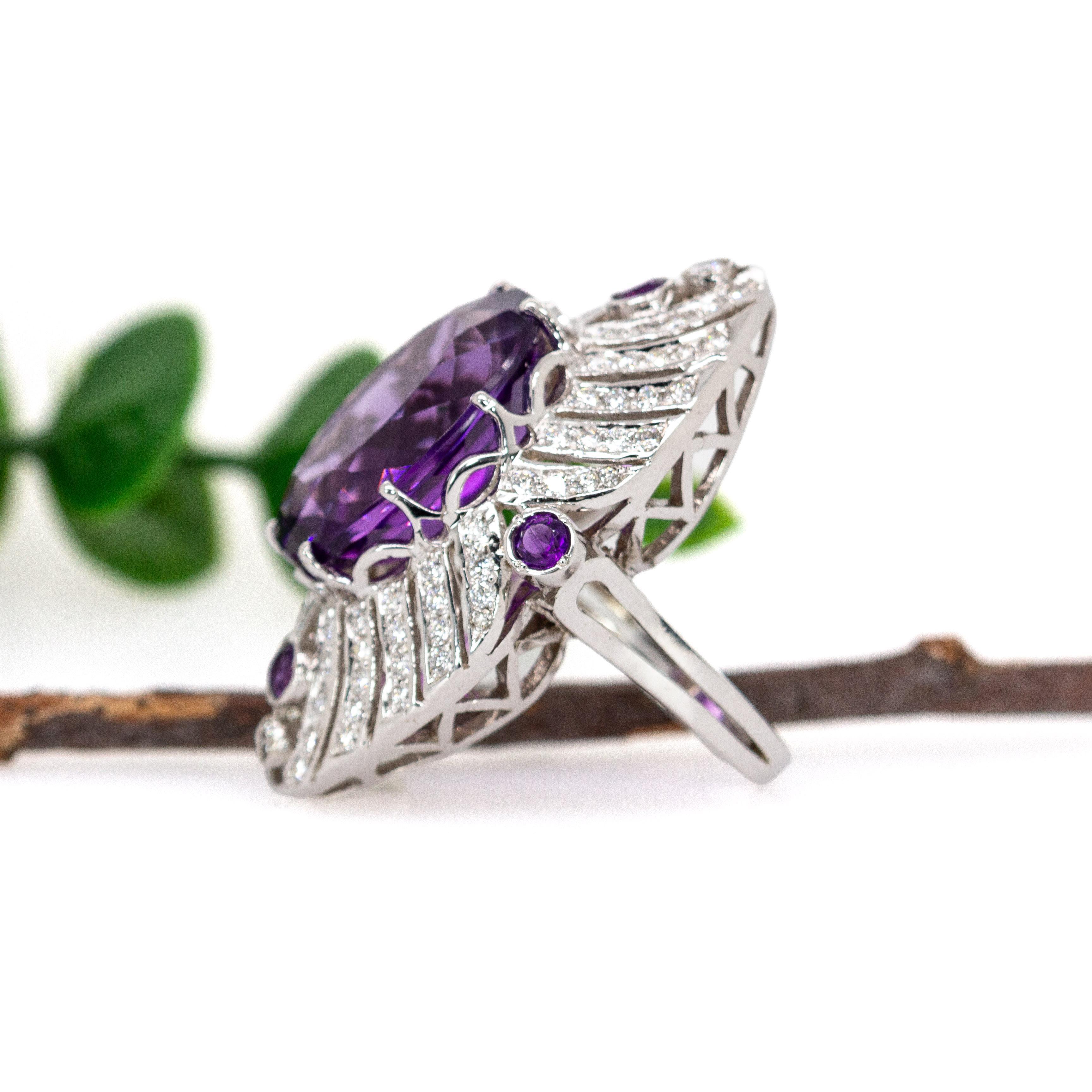 Women's 22cts Zambian Amethyst Ring with Earth Mined Diamond Accents in 14K Solid Gold For Sale