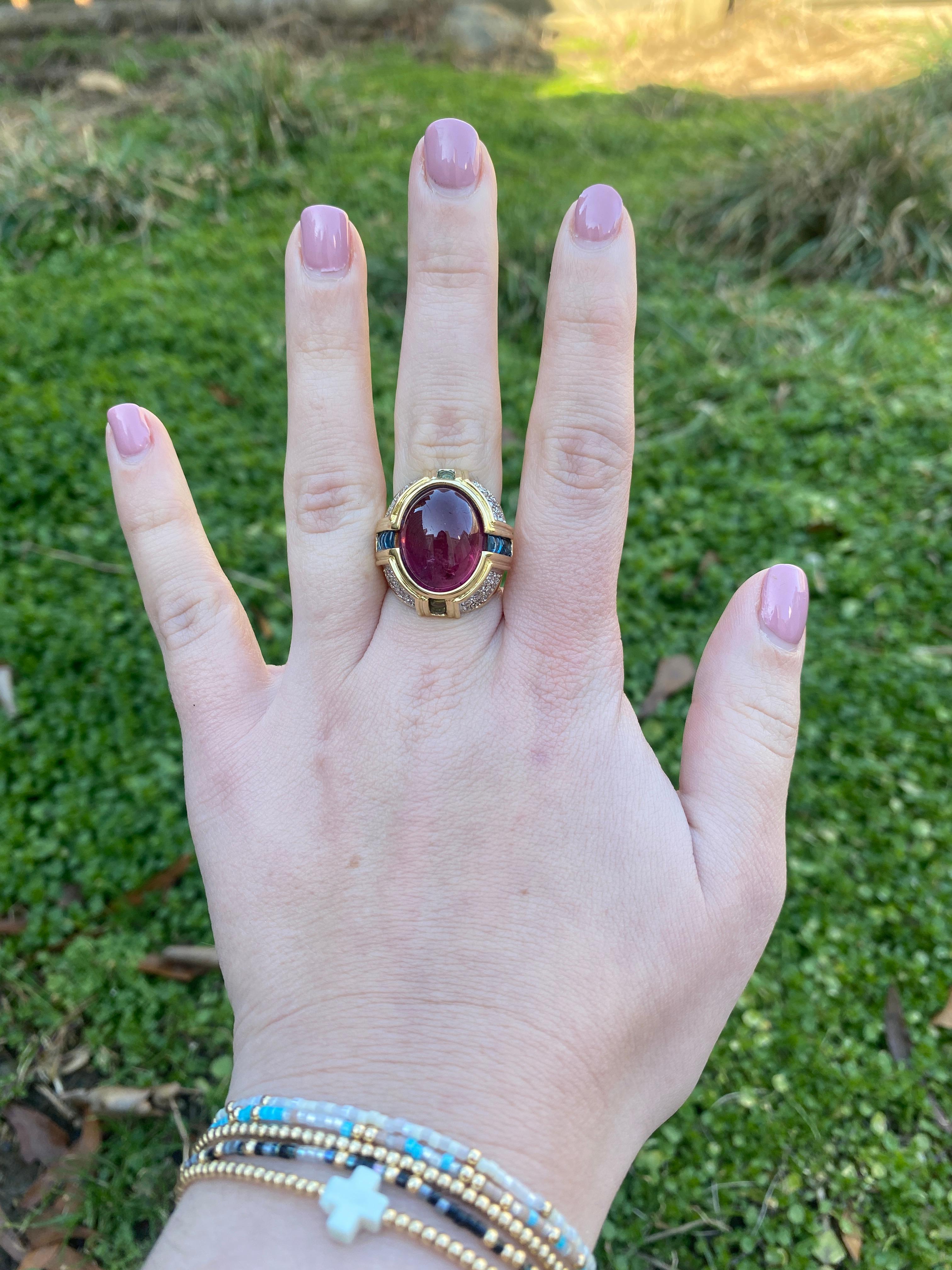 22ctw Pink Tourmaline Diamond Cabochon Cocktail Ring, 18k YG, Ring For Sale 1