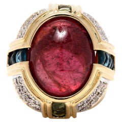 Anillo de cóctel con cabujón de diamante de turmalina rosa de 22 quilates, 18k YG, Anillo
