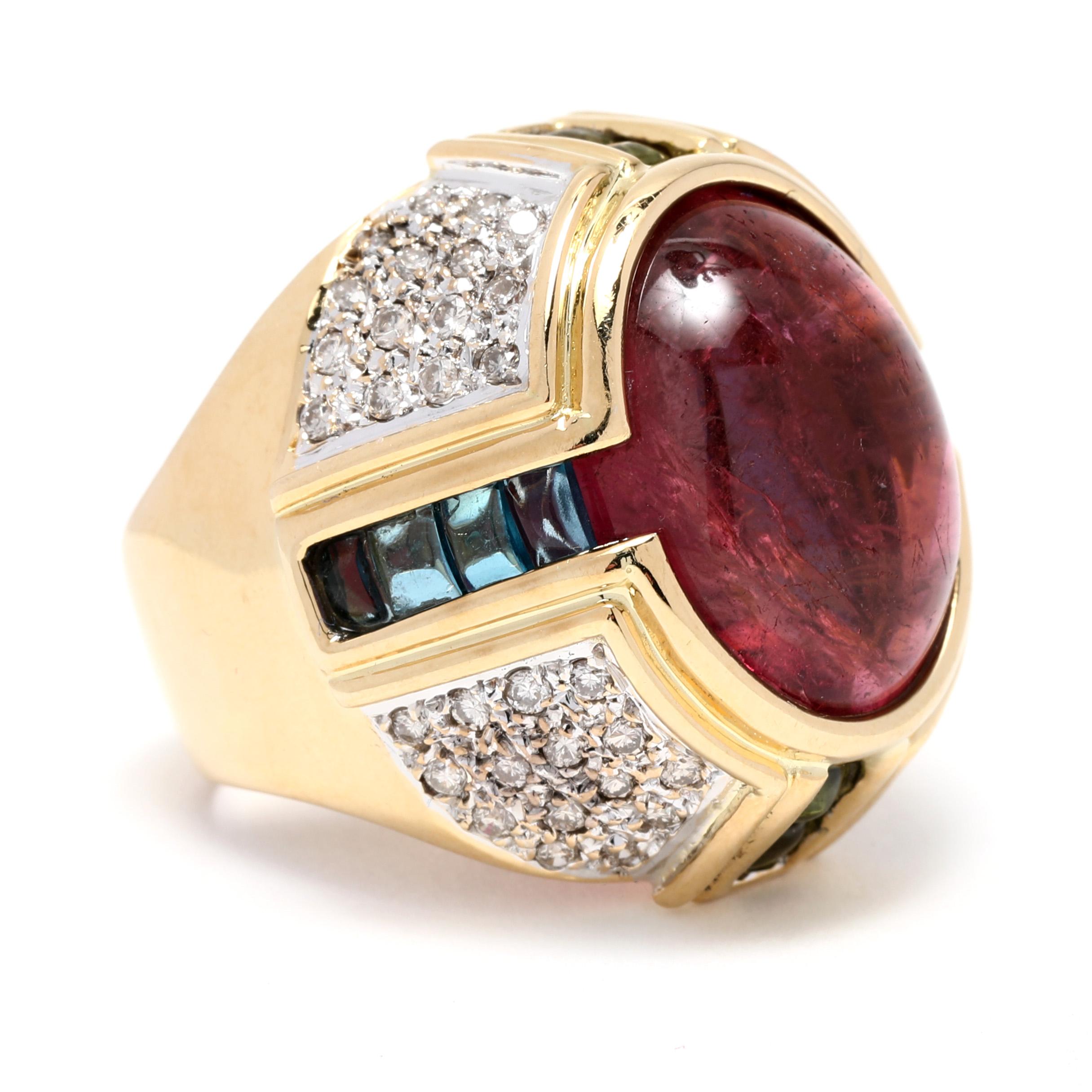 This stunning pink tourmaline and diamond gem-set cabochon cocktail ring is a one-of-a-kind piece. Crafted from 18K yellow gold, this unique cocktail ring features a large 22ctw pink tourmaline cabochon, which is encircled by a halo of sparkling