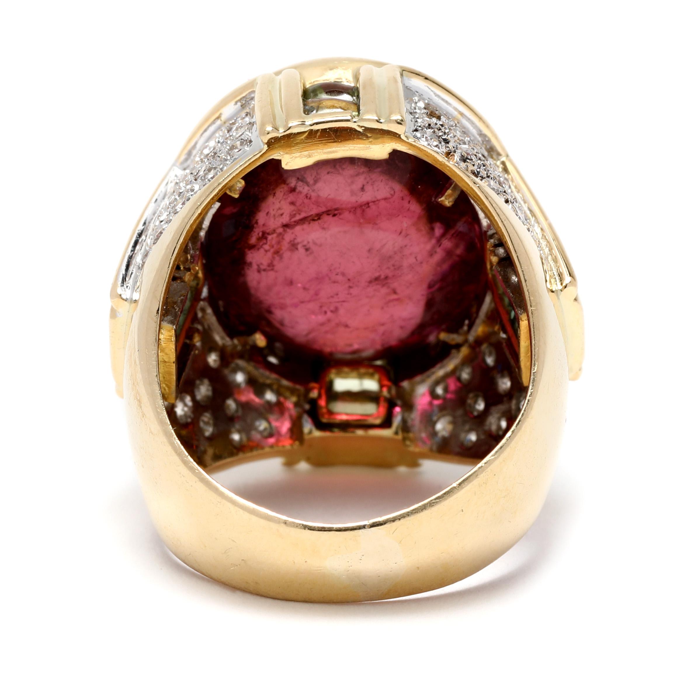 Oval Cut 22ctw Pink Tourmaline Diamond Cabochon Cocktail Ring, 18k YG, Ring For Sale