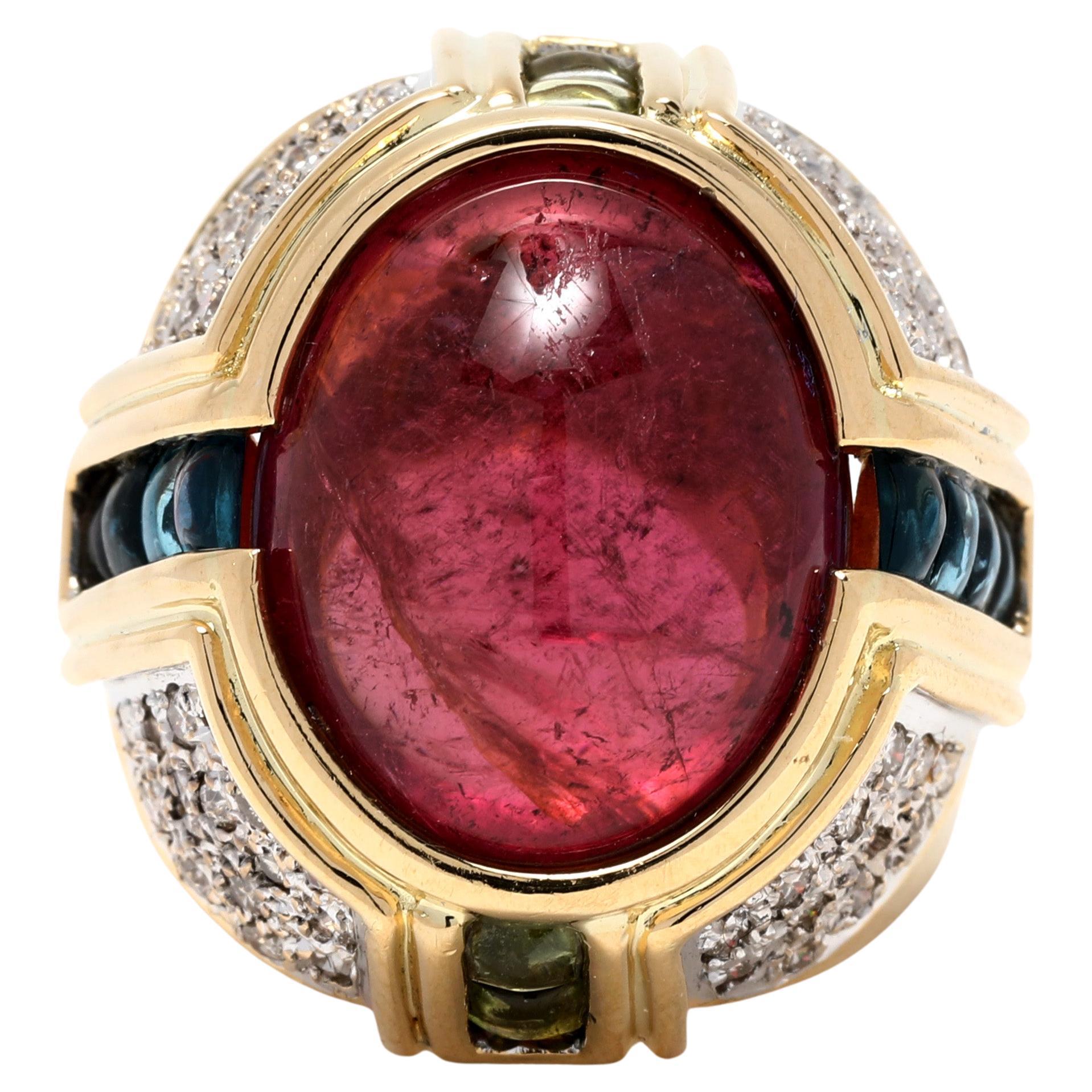 22ctw Pink Tourmaline Diamond Cabochon Cocktail Ring, 18k YG, Ring For Sale