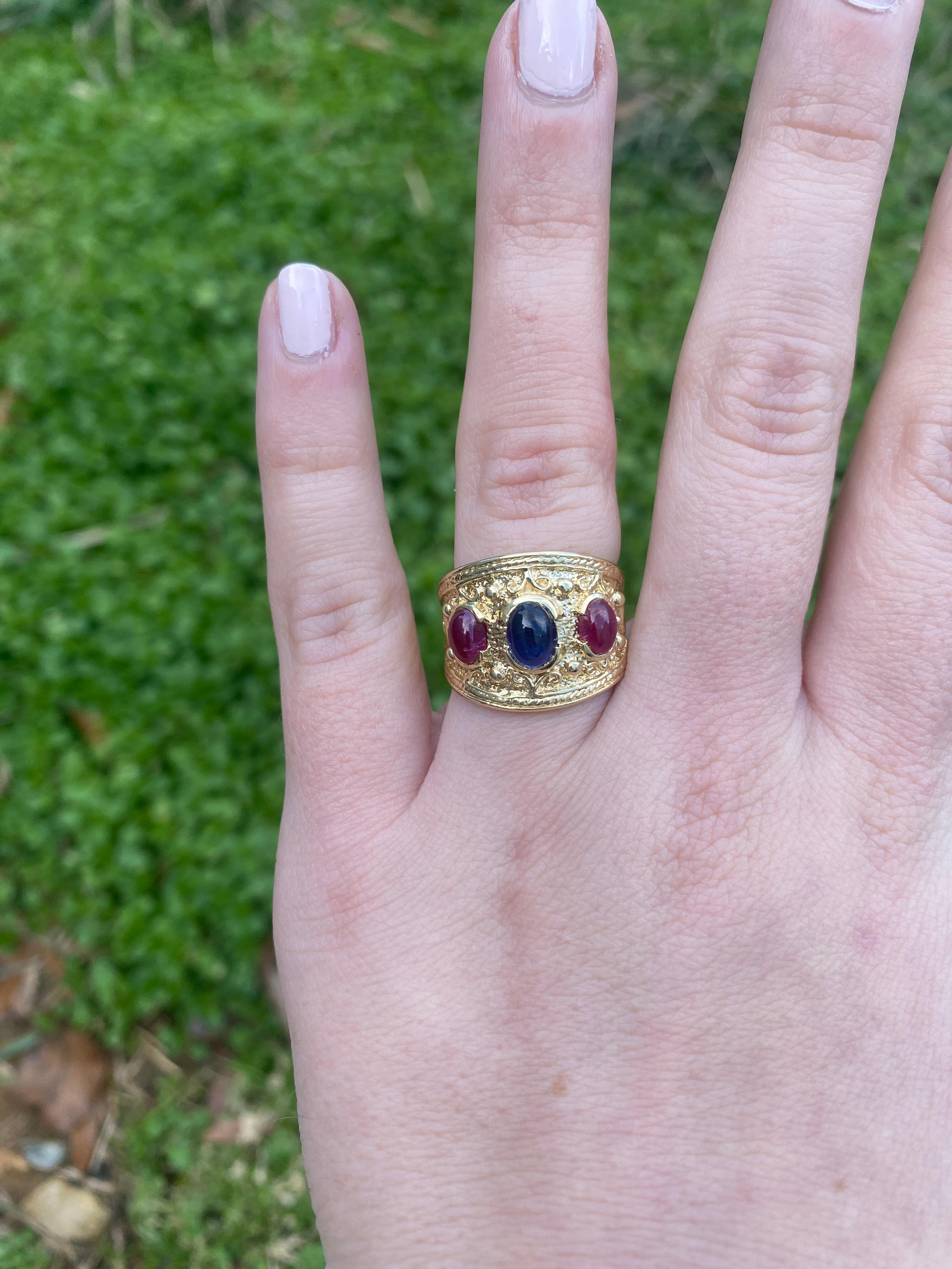 Anillo de zafiro y rubí de 2,2 ctw, oro amarillo de 14k, talla 7 2