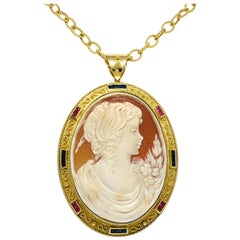 Antique 22k, 18k and 14 Karat Gold Italian Cameo Pendant with Ruby and Sapphire Necklace