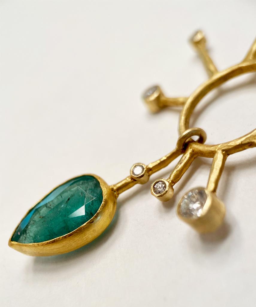 Artist Margery Hirschey 22k/18k Gold and Gemfields Emerald and Diamond Earrings For Sale