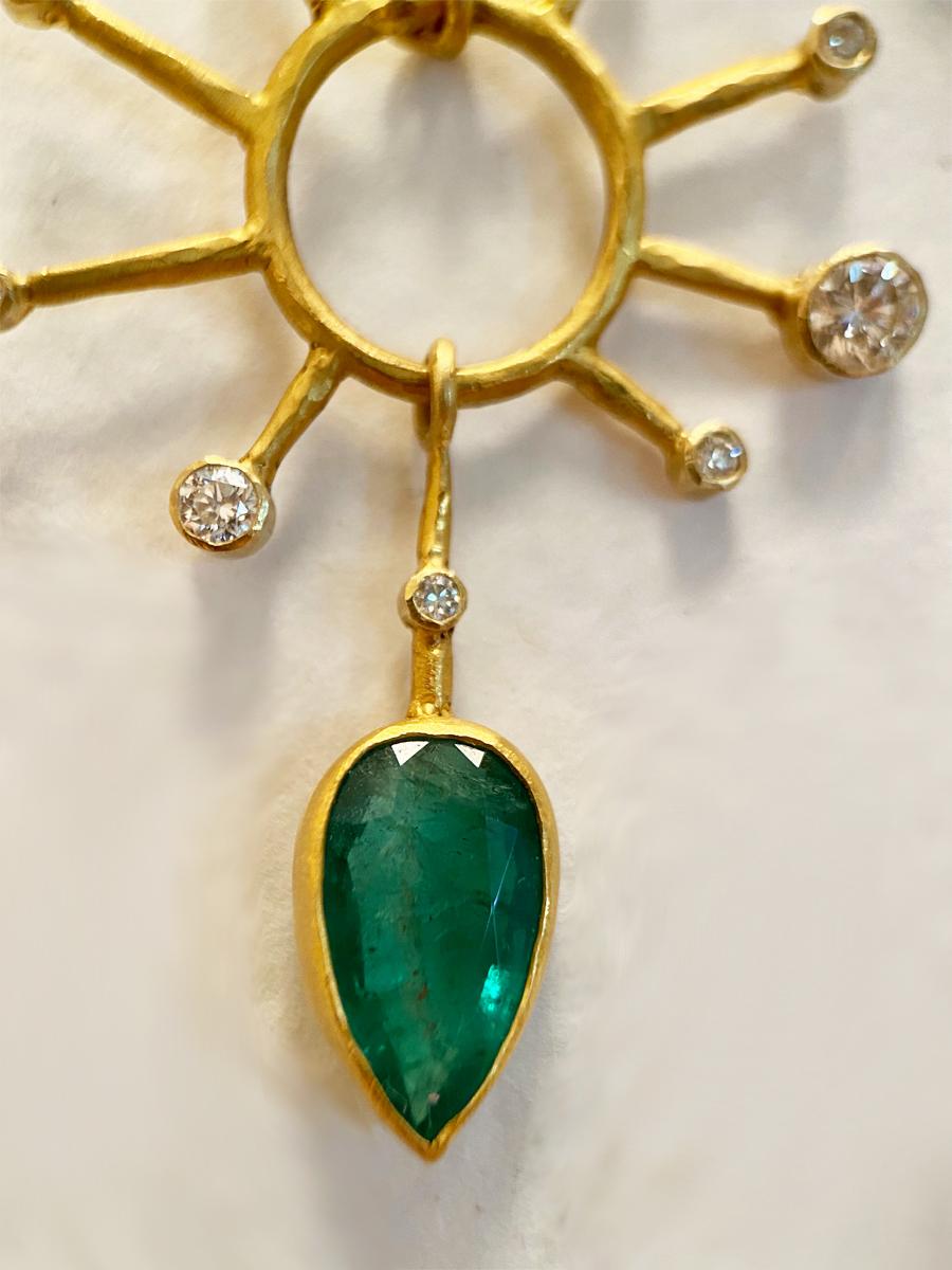 Brilliant Cut Margery Hirschey 22k/18k Gold and Gemfields Emerald and Diamond Earrings For Sale