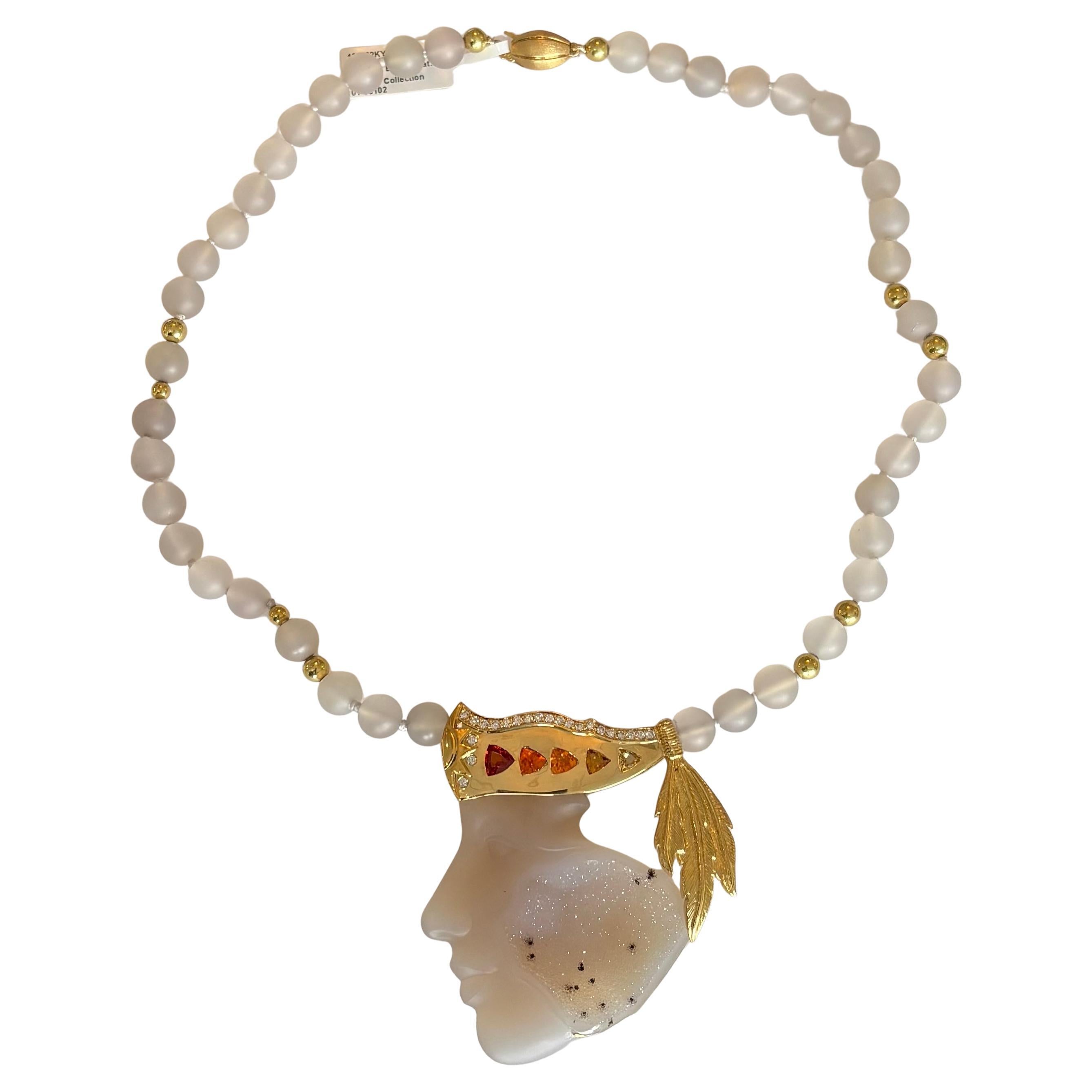 22K/18K Yellow Gold Druzy Agate, Beryl, Garnet and Diamond SunPrincess Necklace For Sale