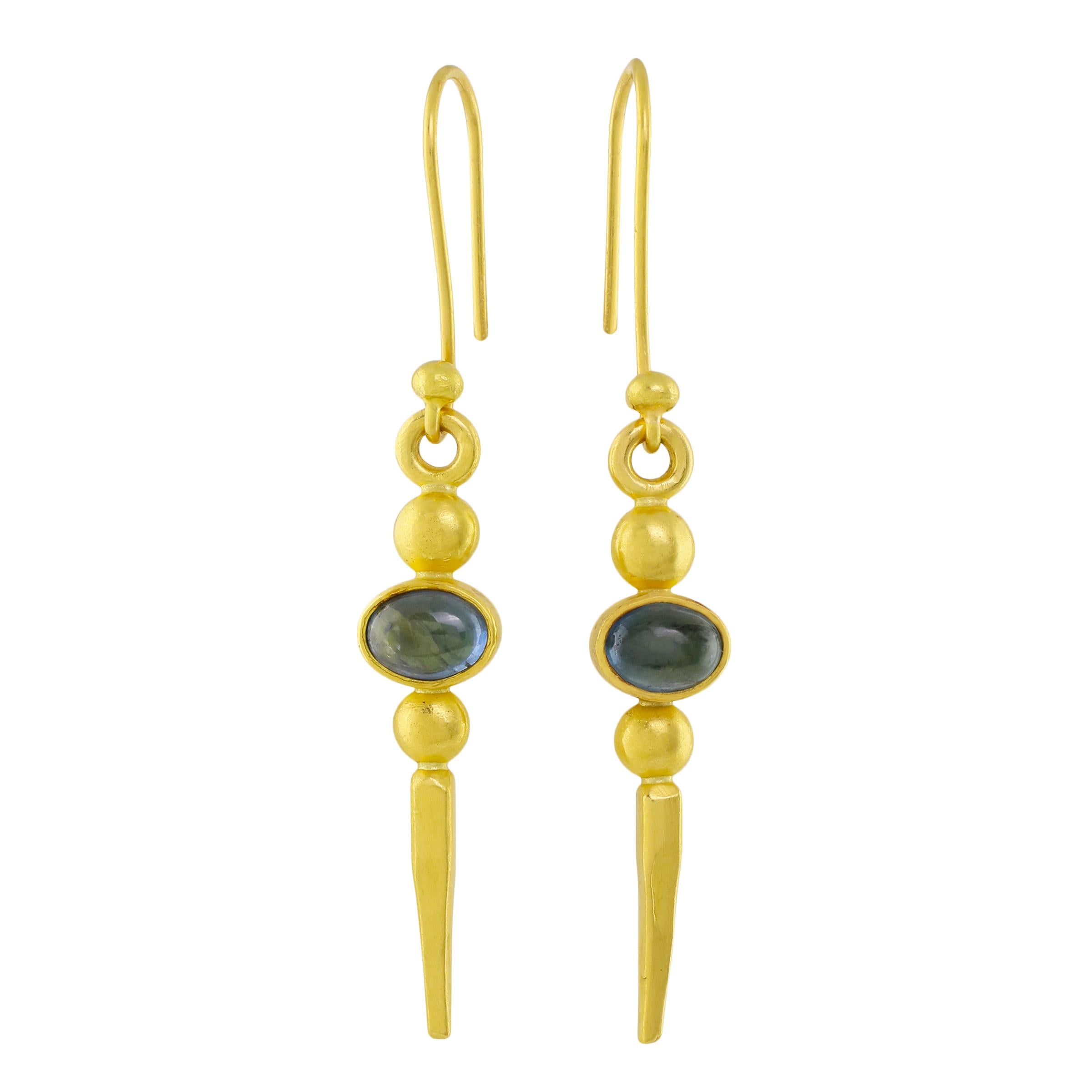 PHILIPPE SPENCER - 2.85 Ct. Total Fancy-Color Cabochon Sapphire Statement Earrings. Each Sapphire is set in Pure 22K Gold with Solid 20K Gold Connection Links & Features. 

An authentically Hand-Forged & Unique One-Of-A-Kind pair of Heirloom-Worthy
