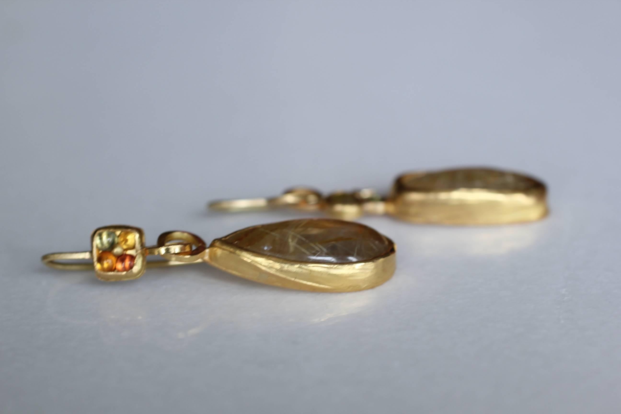 Rutilated Quartz Sapphire Tourmaline 22K-21K Gold Dangle Drop Handmade Earrings In New Condition In New York, NY