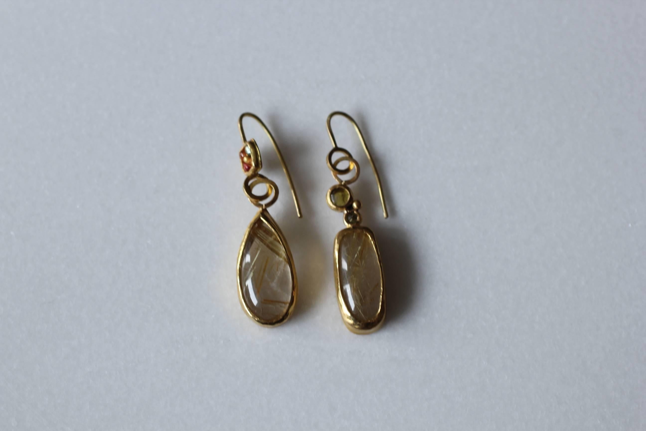Women's Rutilated Quartz Sapphire Tourmaline 22K-21K Gold Dangle Drop Handmade Earrings