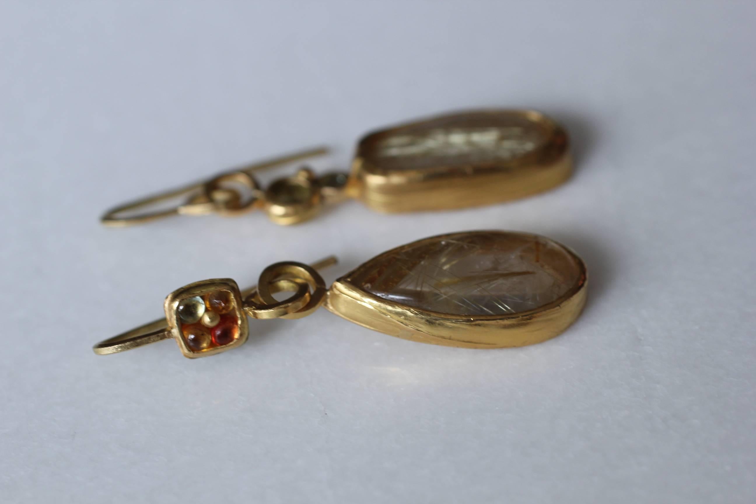 Rutilated Quartz Sapphire Tourmaline 22K-21K Gold Dangle Drop Handmade Earrings 2