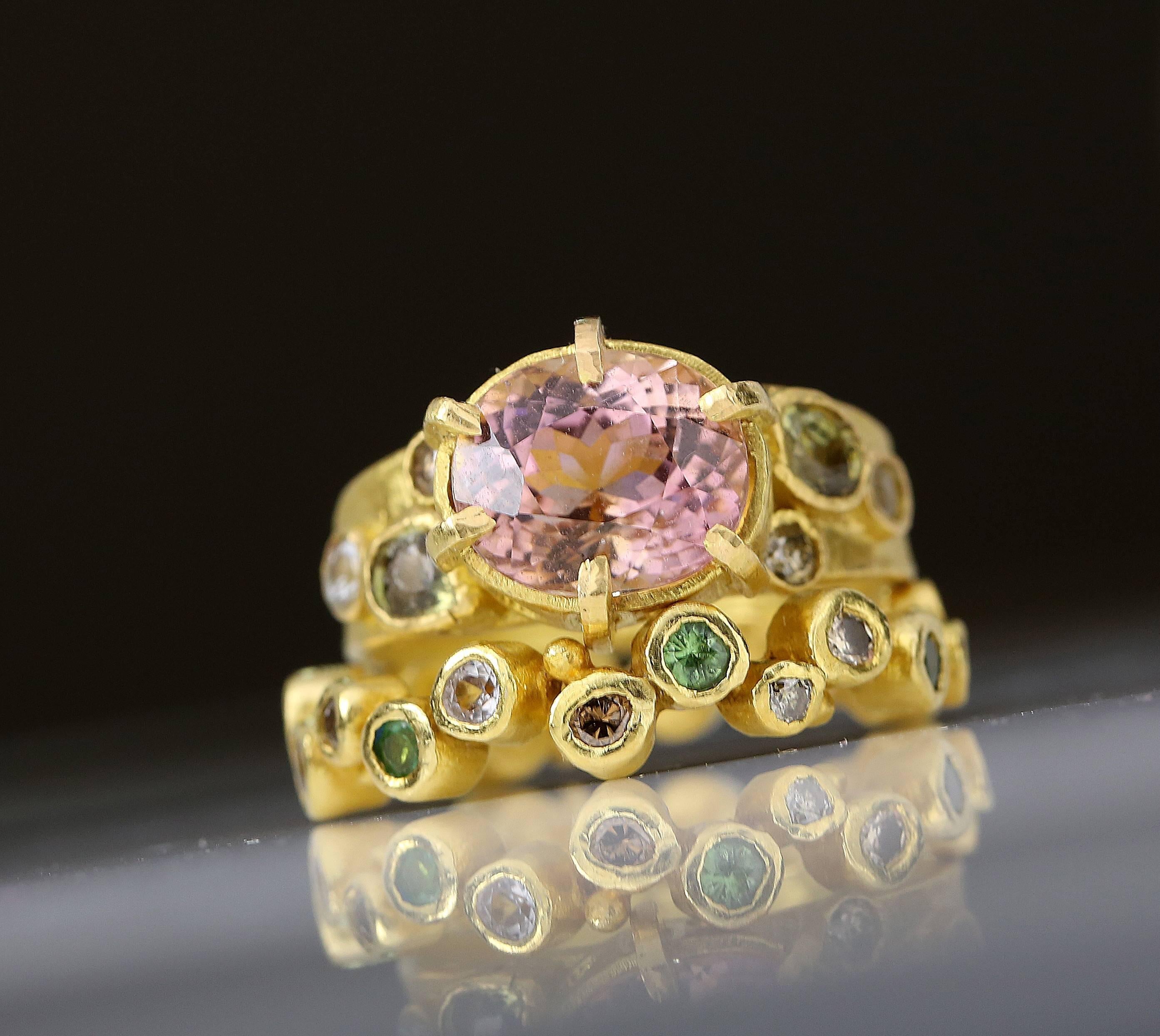 Yellow Diamond White Sapphire Tsavorite 21k - 22k Gold Cluster Bridal Ring For Sale 4