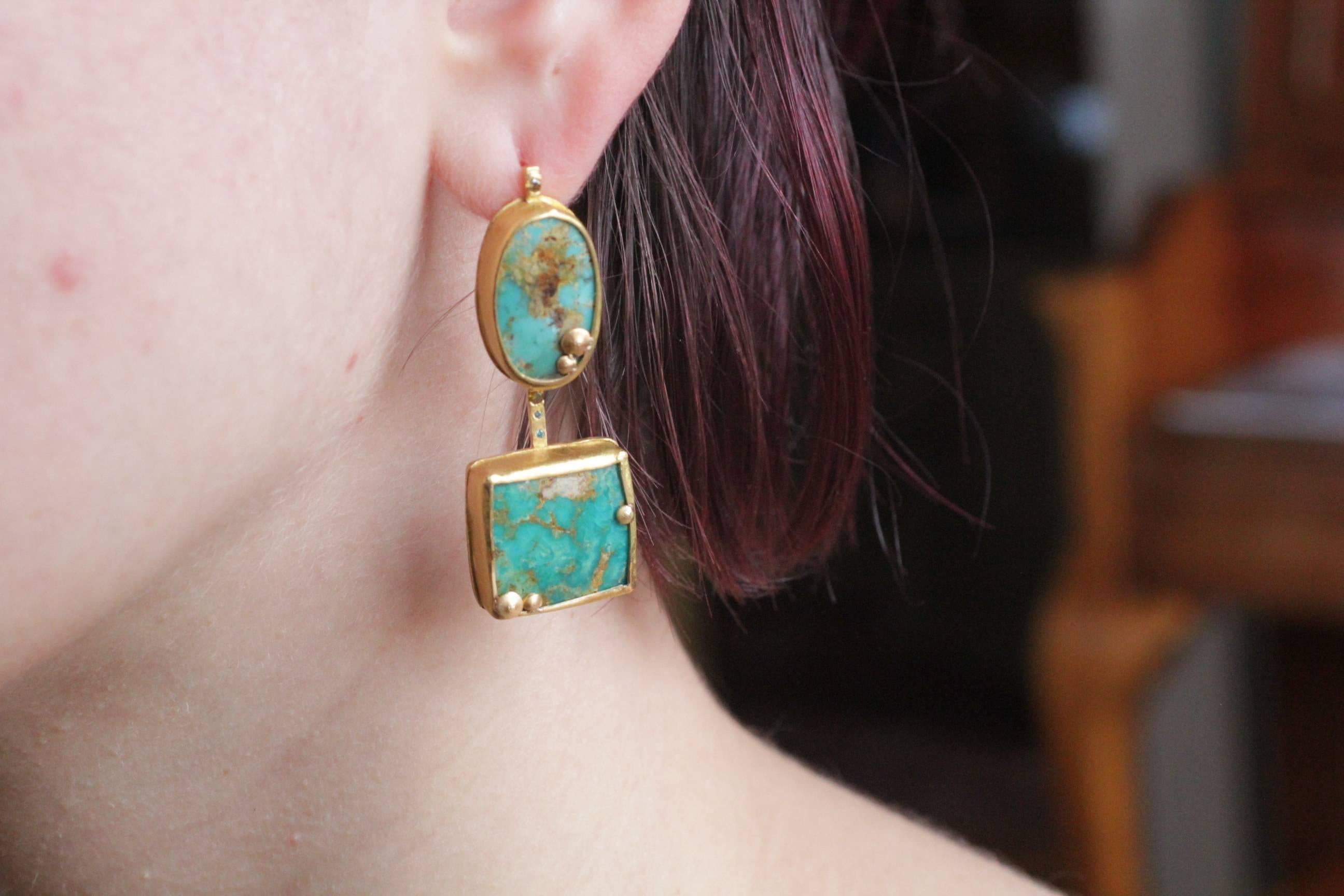 22Karat-21Karat Gold Persian Turquoise and Diamond Earrings Handmade Jewelry 9