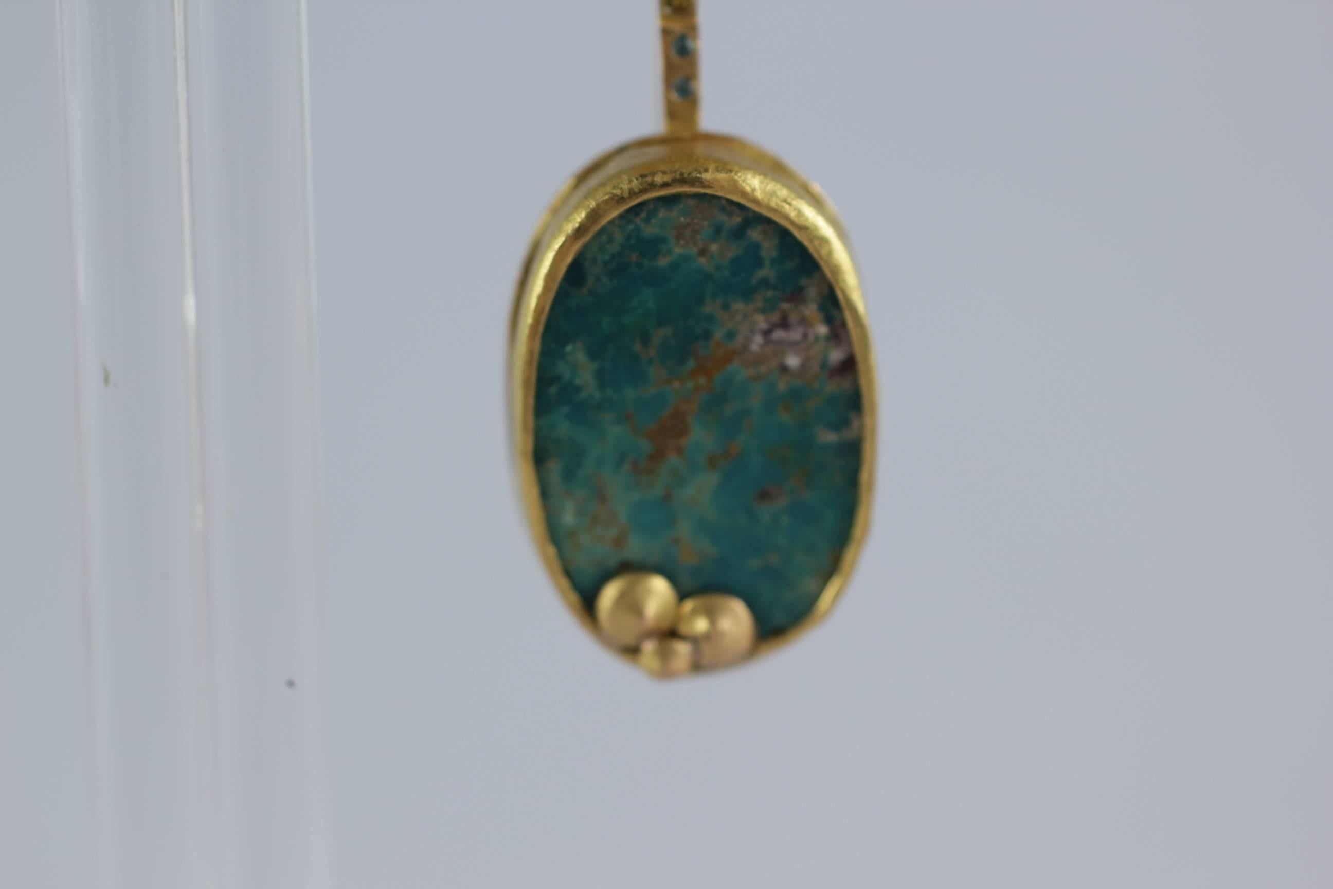 Contemporary 22Karat-21Karat Gold Persian Turquoise and Diamond Earrings Handmade Jewelry